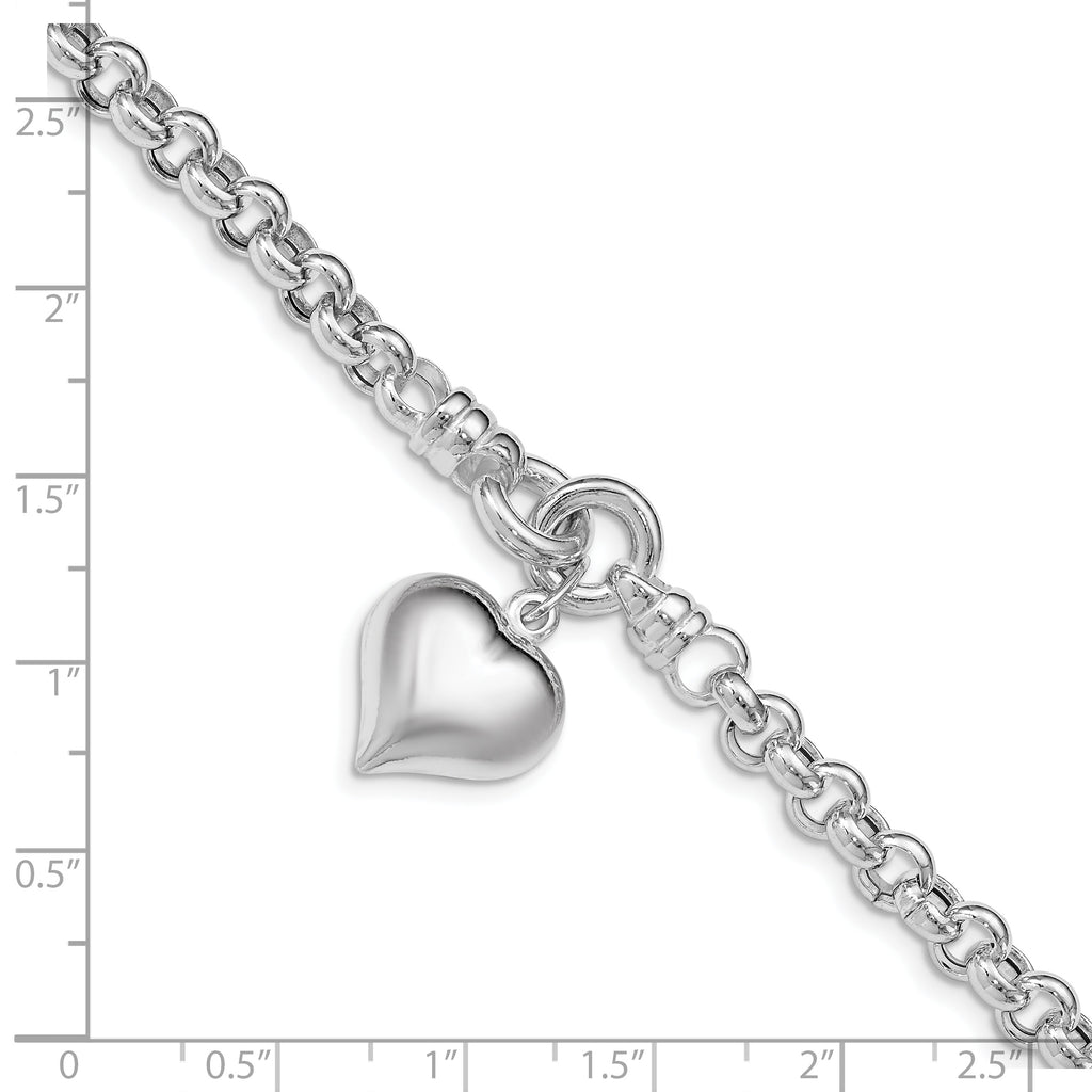 Sterling Silver Polished Rolo With  Dangle Heart Charm Bracelet