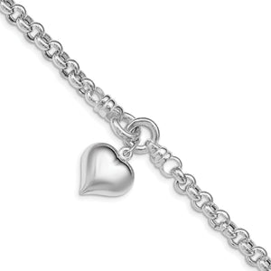 Sterling Silver Polished Rolo With  Dangle Heart Charm Bracelet