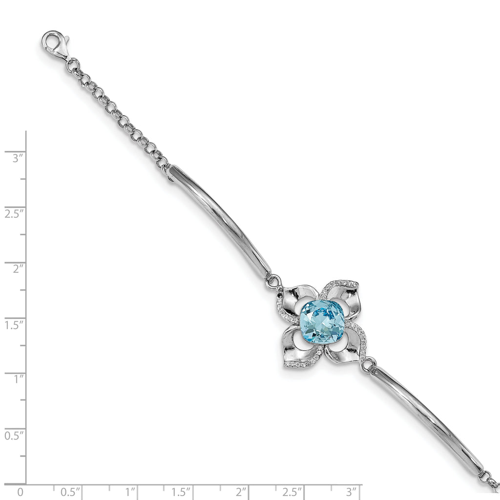 Sterling Silver RH-plated Clear/Blue Crystal Flower With 1in ext Bracelet