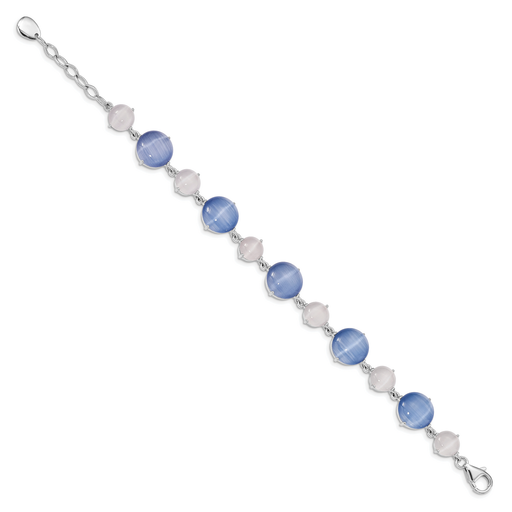 Sterling Silver RH-plated Created Blue Cats Eye With  1in ext Bracelet