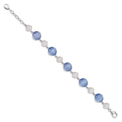 Sterling Silver RH-plated Created Blue Cats Eye With  1in ext Bracelet