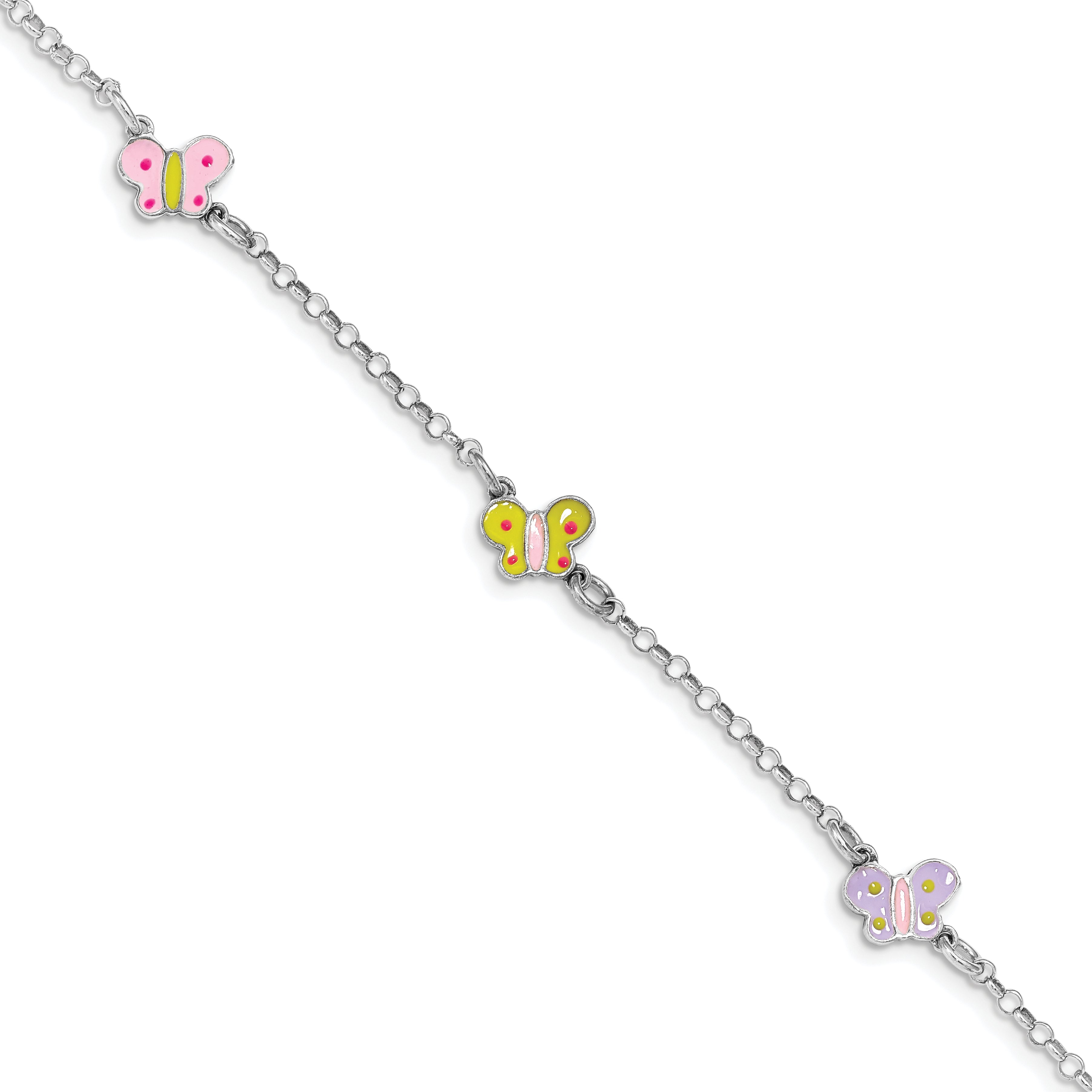 Sterling Silver Rhodium-plated Polished Multi-color Enameled Butterflies Children's Bracelet Main image