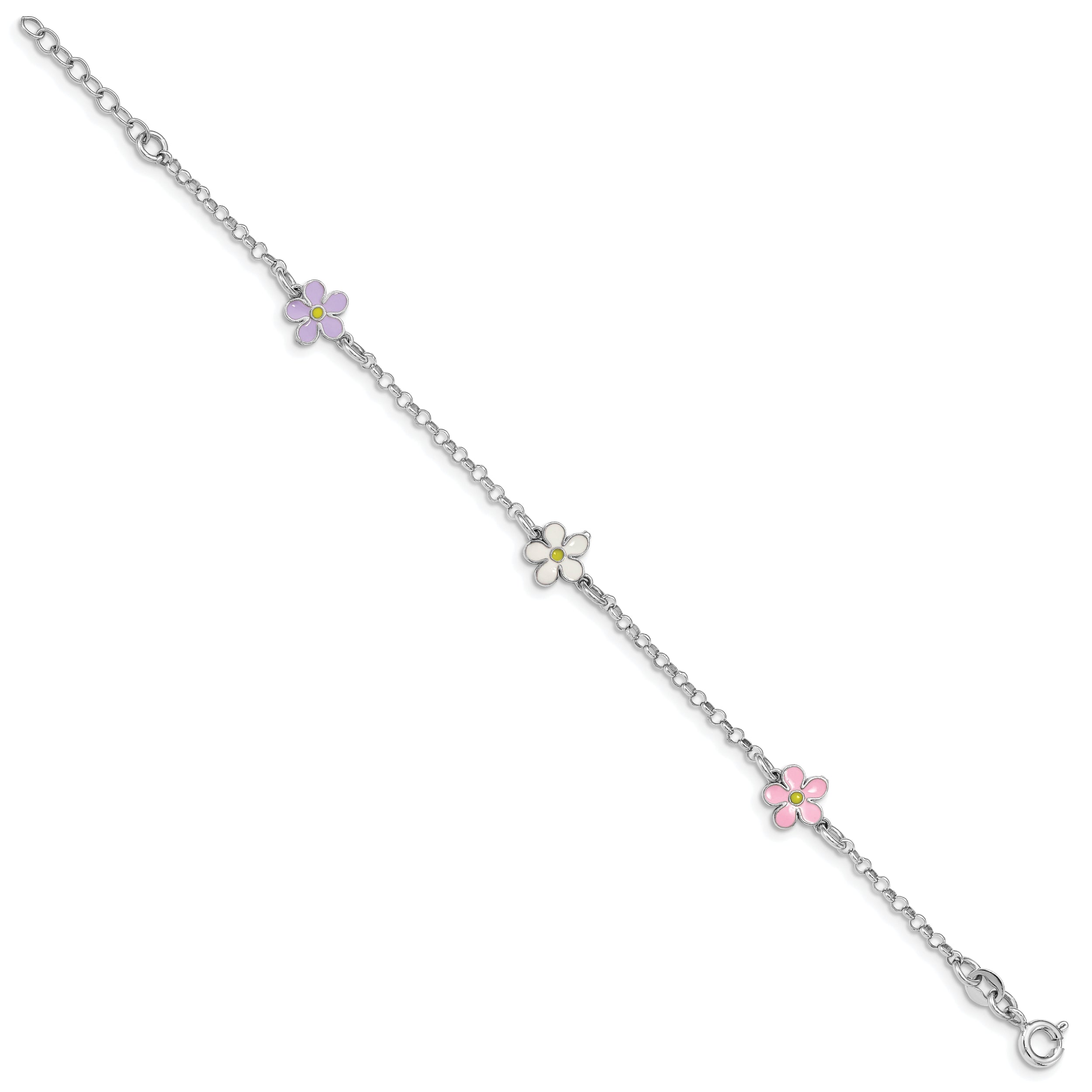 Sterling Silver RH-plated Enameled Flower With  .75in Ext. Children's Bracelet