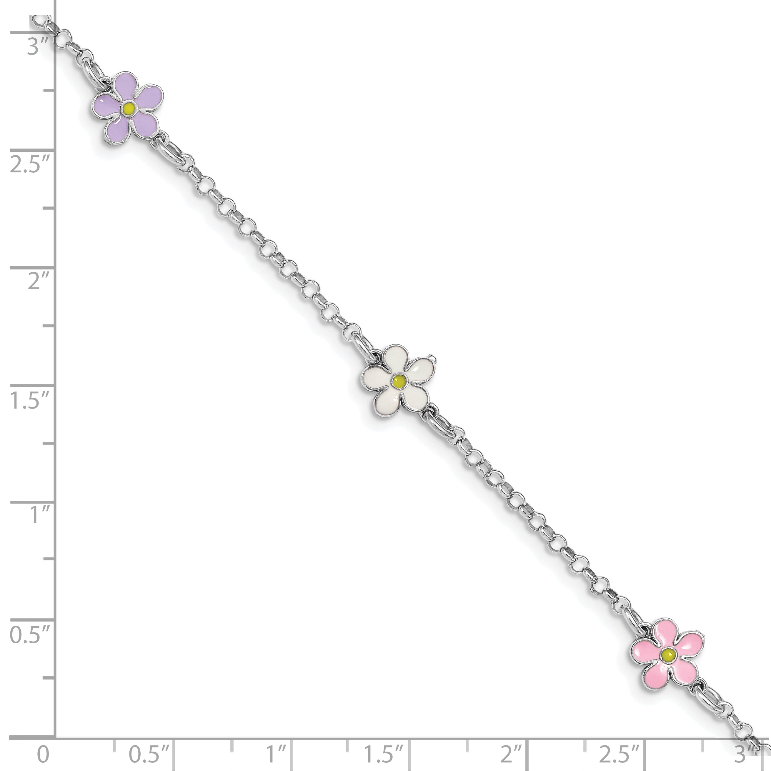 Sterling Silver RH-plated Enameled Flower With  .75in Ext. Children's Bracelet