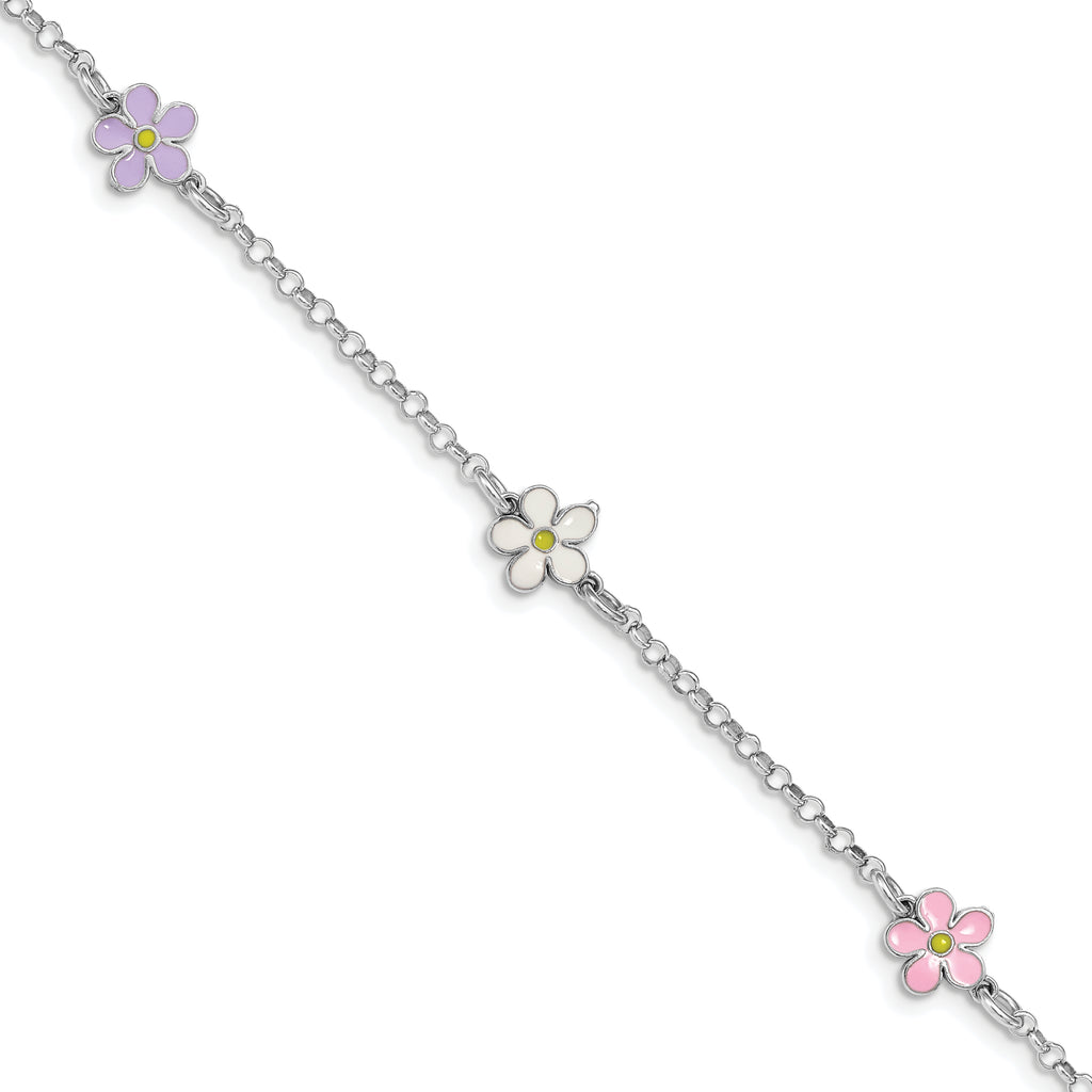 Sterling Silver RH-plated Enameled Flower With  .75in Ext. Children's Bracelet