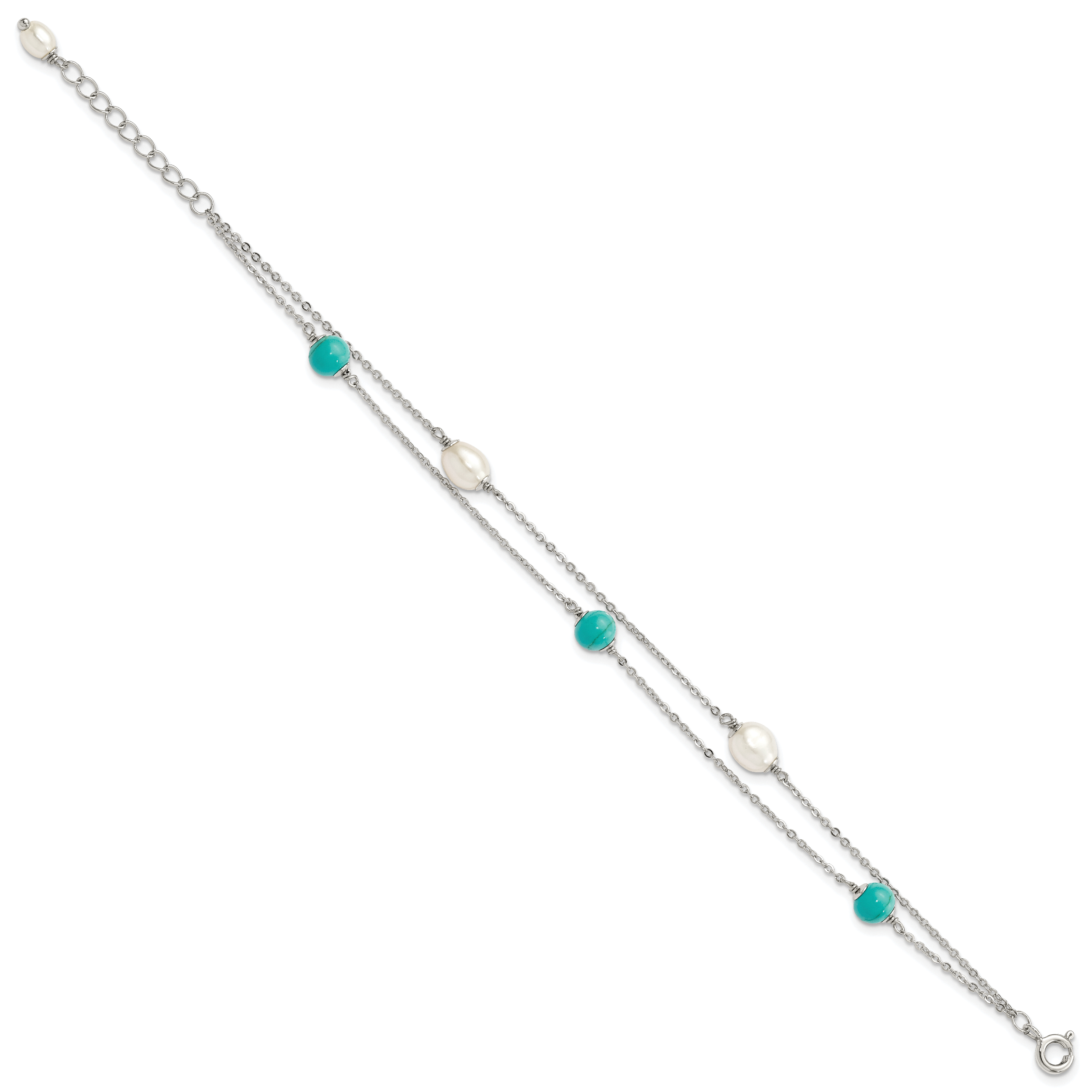 Sterling Silver Rhodium-plated Turquoise/FWC Pearl With 1in Ext Bracelet Secondary image