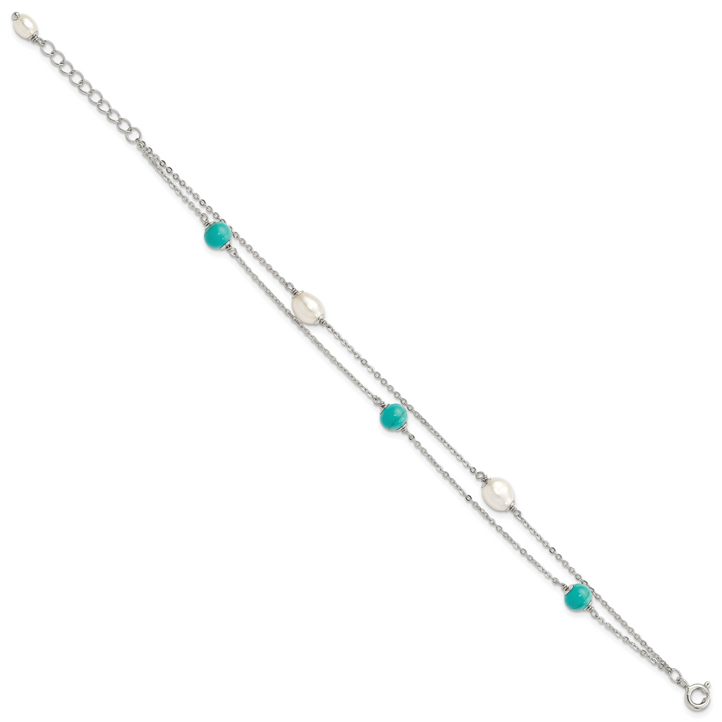 Sterling Silver Rhodium-plated Turquoise/FWC Pearl With 1in Ext Bracelet
