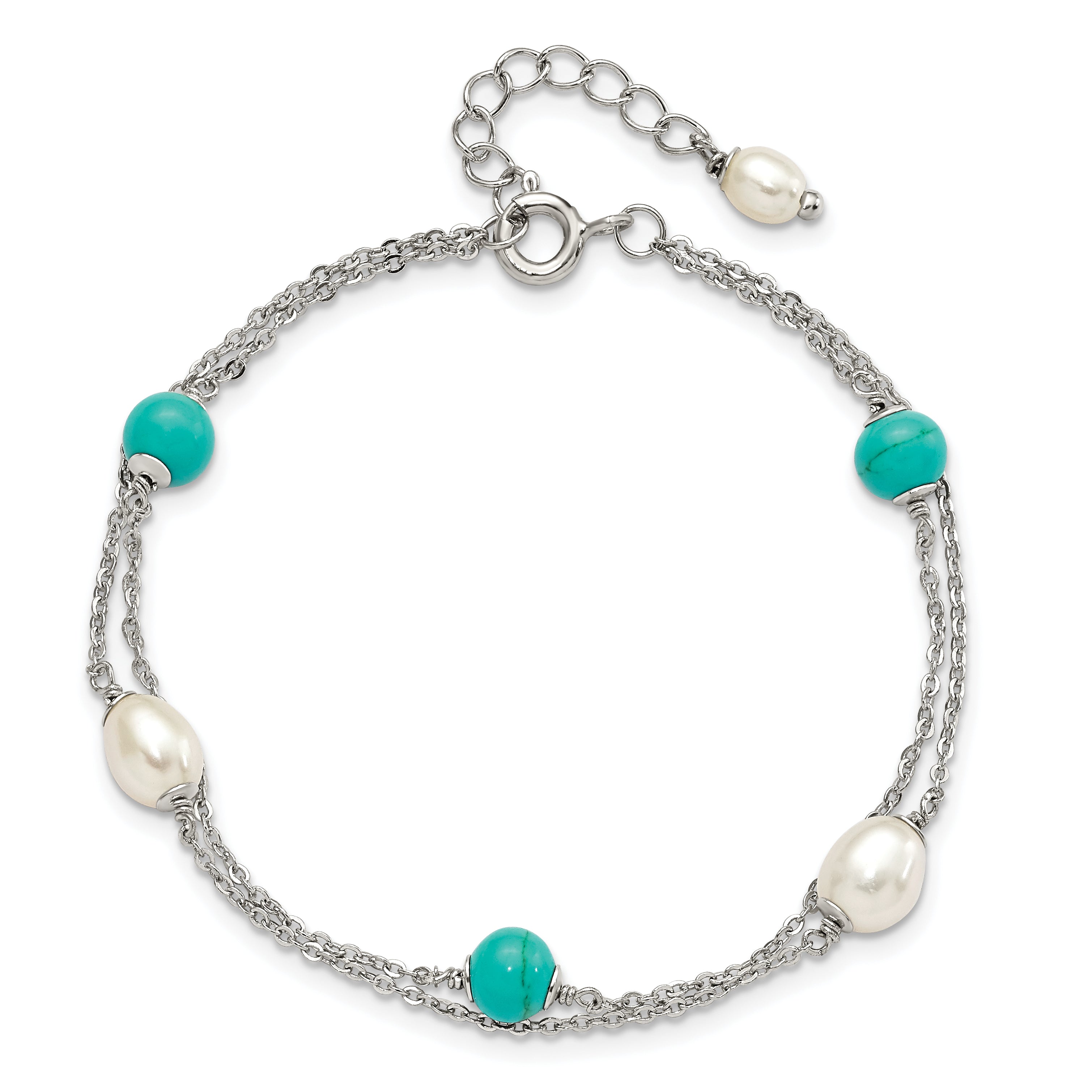 Sterling Silver Rhodium-plated Turquoise/FWC Pearl With 1in Ext Bracelet