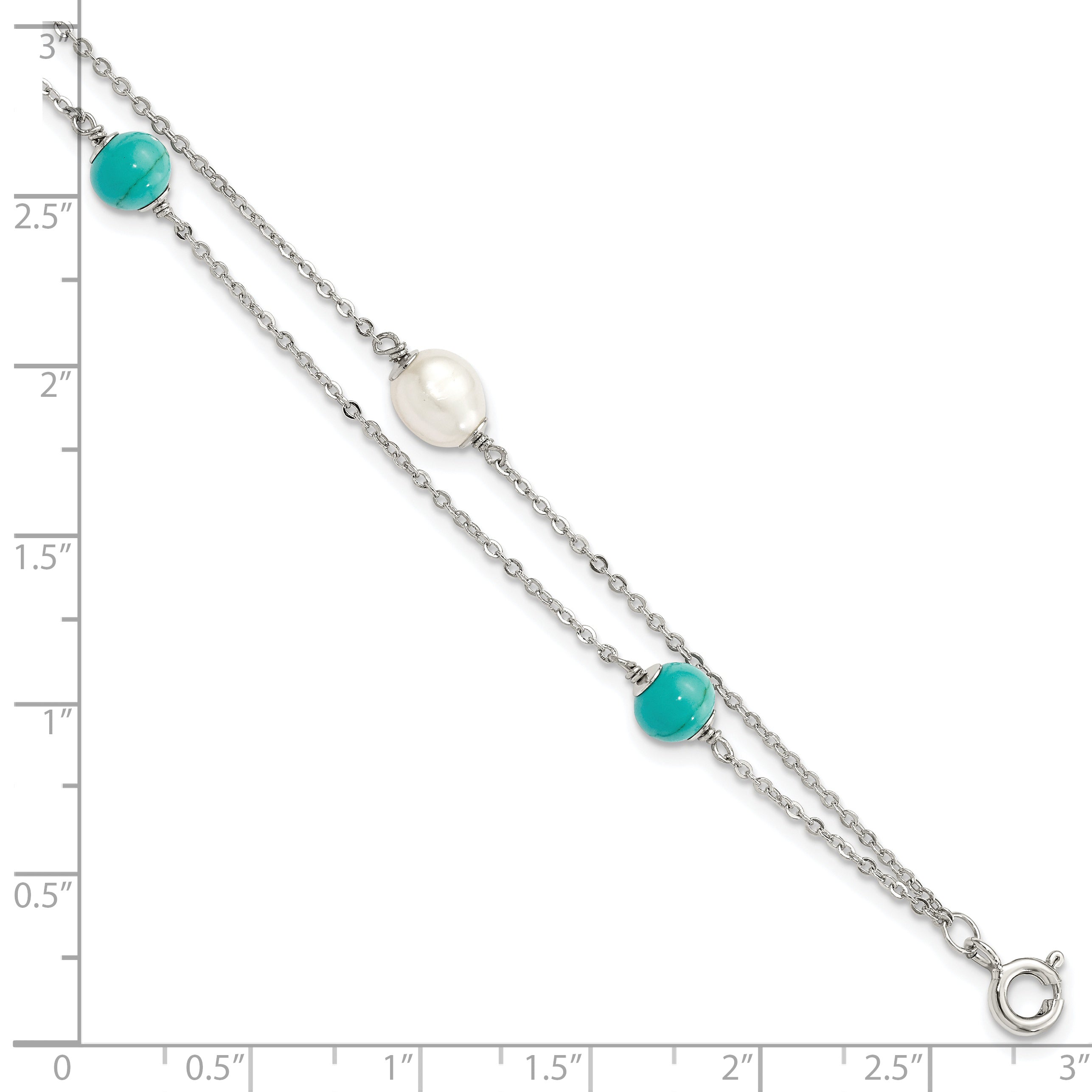Sterling Silver Rhodium-plated Turquoise/FWC Pearl With 1in Ext Bracelet