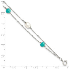 Sterling Silver Rhodium-plated Turquoise/FWC Pearl With 1in Ext Bracelet