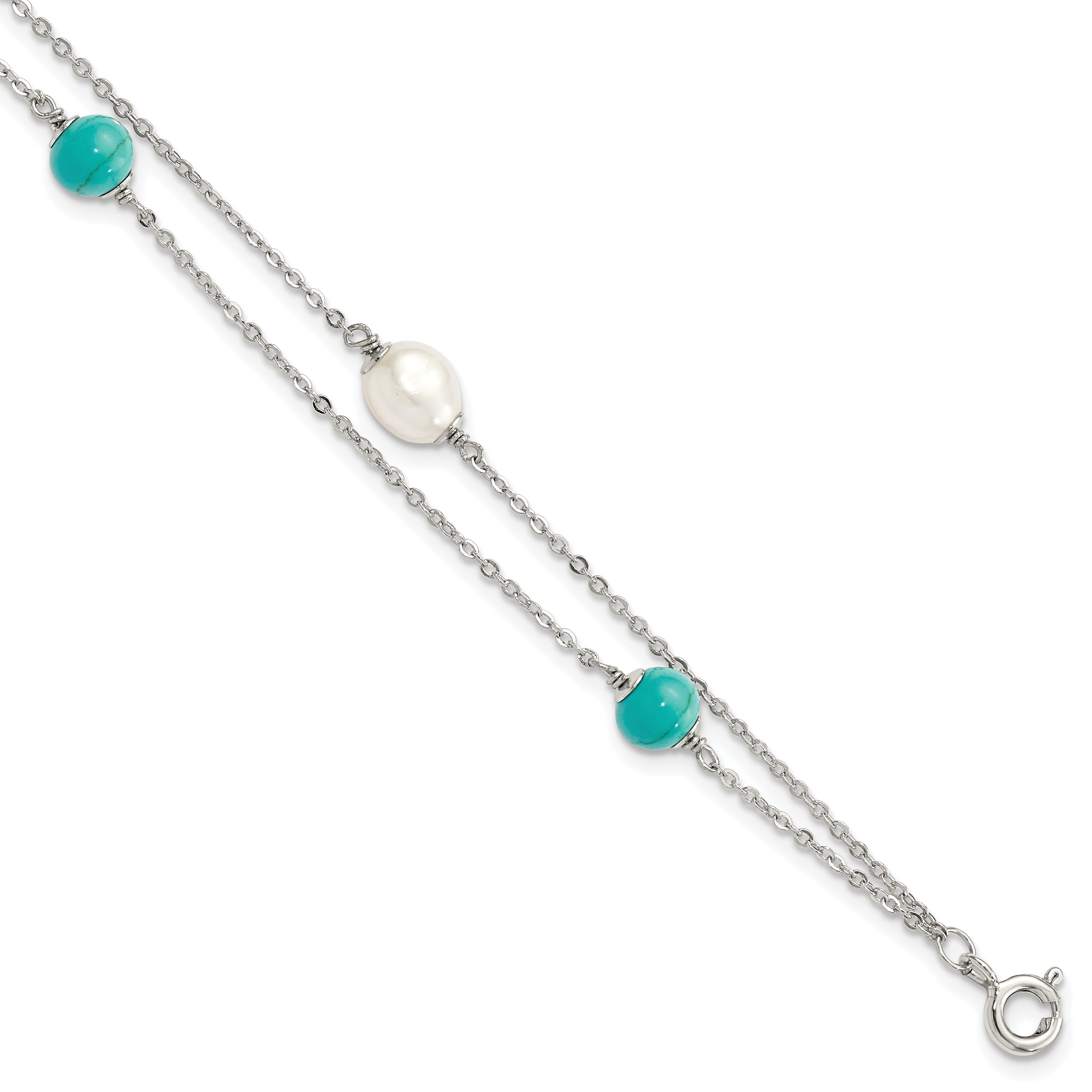 Sterling Silver Rhodium-plated Turquoise/FWC Pearl With 1in Ext Bracelet