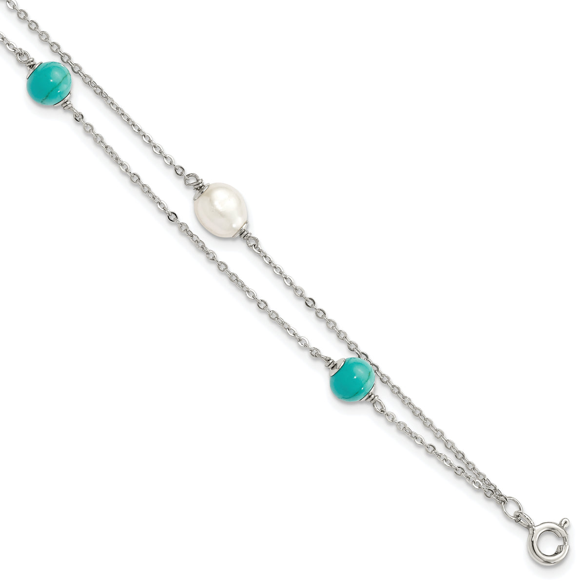 Sterling Silver Rhodium-plated Turquoise/FWC Pearl With 1in Ext Bracelet