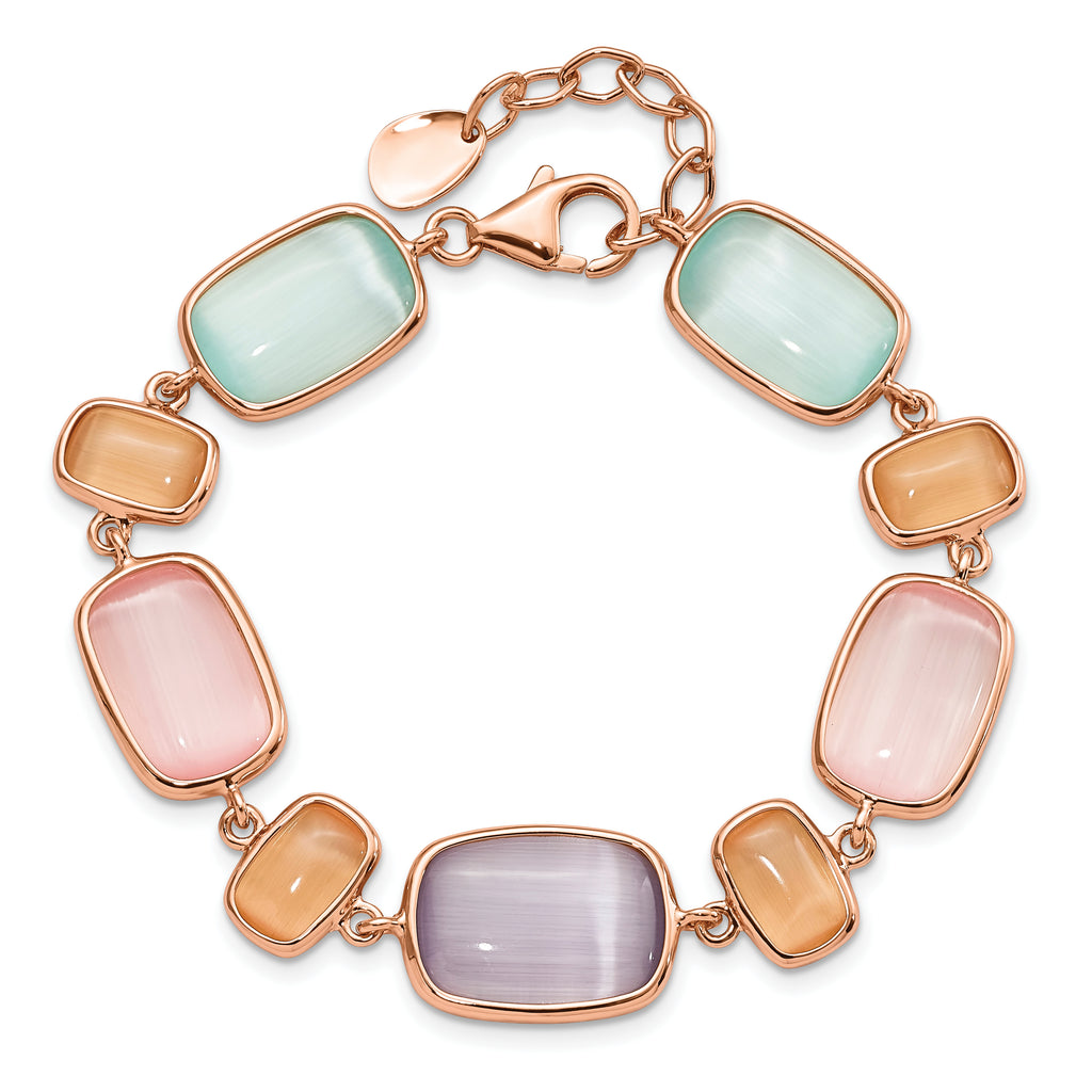 Sterling Silver Rose-tone and Created Cats Eye With  1in ext. Bracelet