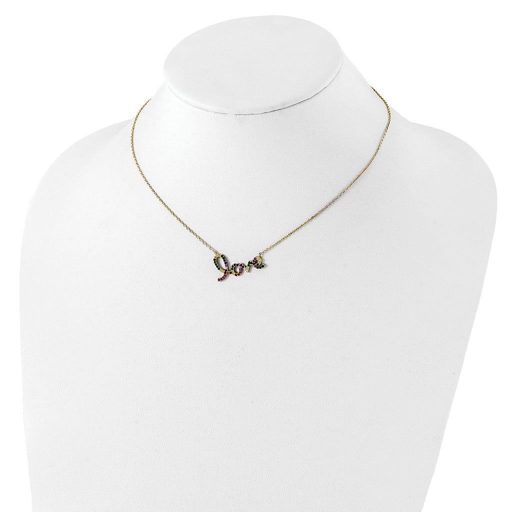 Prizma Sterling Silver Gold-tone 14K Flash Gold-plated 16 inch Colorful CZ LOVE Necklace with 2 inch Extender