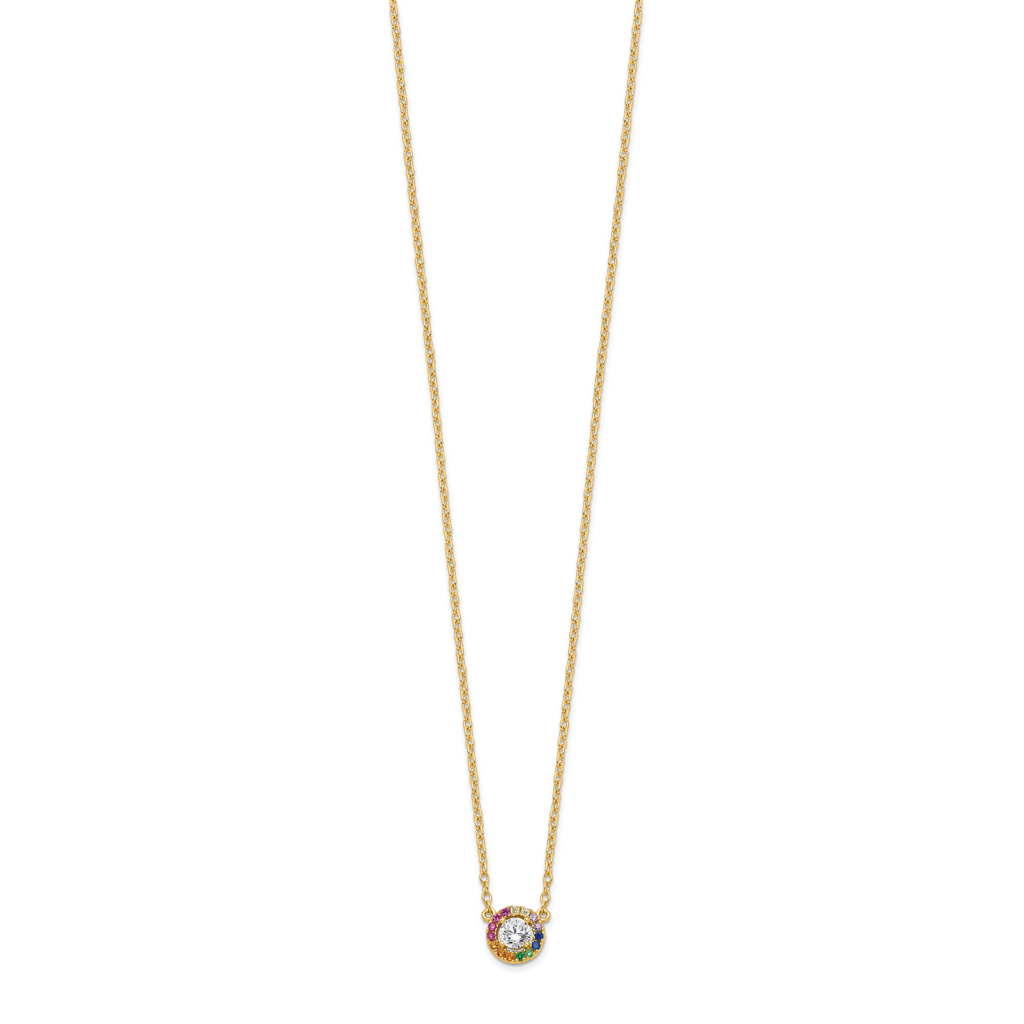 Prizma Sterling Silver Gold-tone 14K Flash Gold-plated 16 inch White and Colorful CZ Circle Necklace with 2 inch Extender
