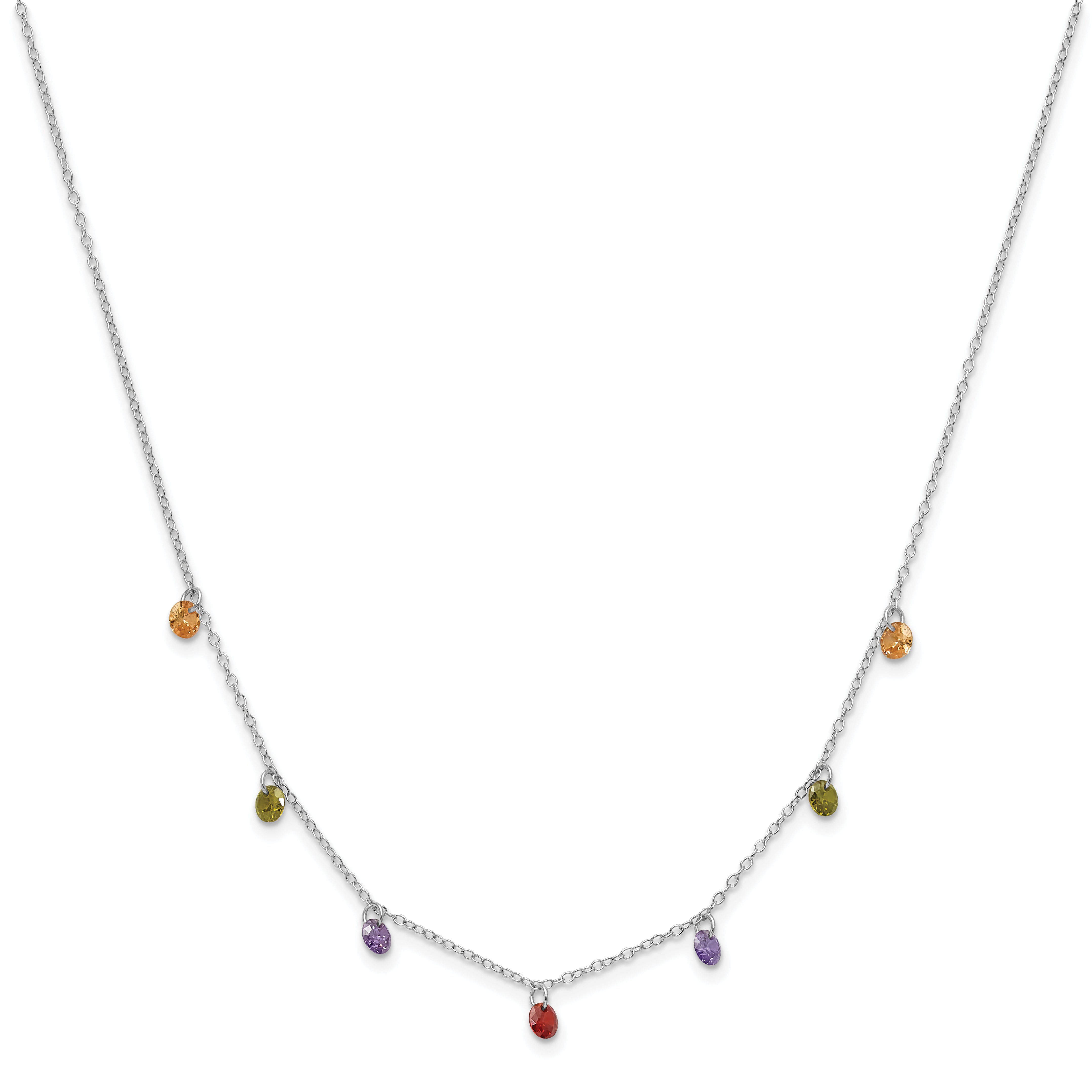 Prizma Sterling Silver Rhodium Plated 16 inch Dangling Colorful CZ Necklace with 2 inch Extender