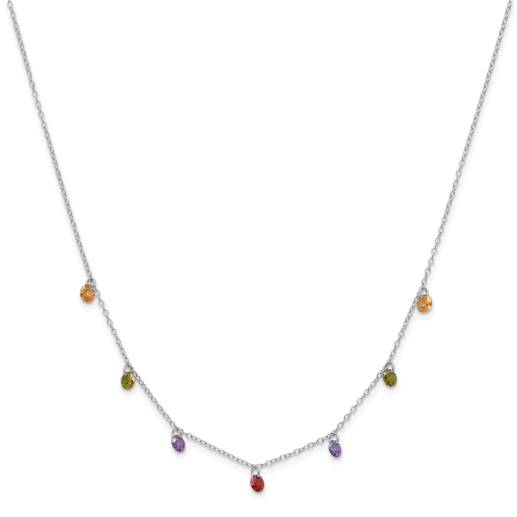 Prizma Sterling Silver Rhodium Plated 16 inch Dangling Colorful CZ Necklace with 2 inch Extender
