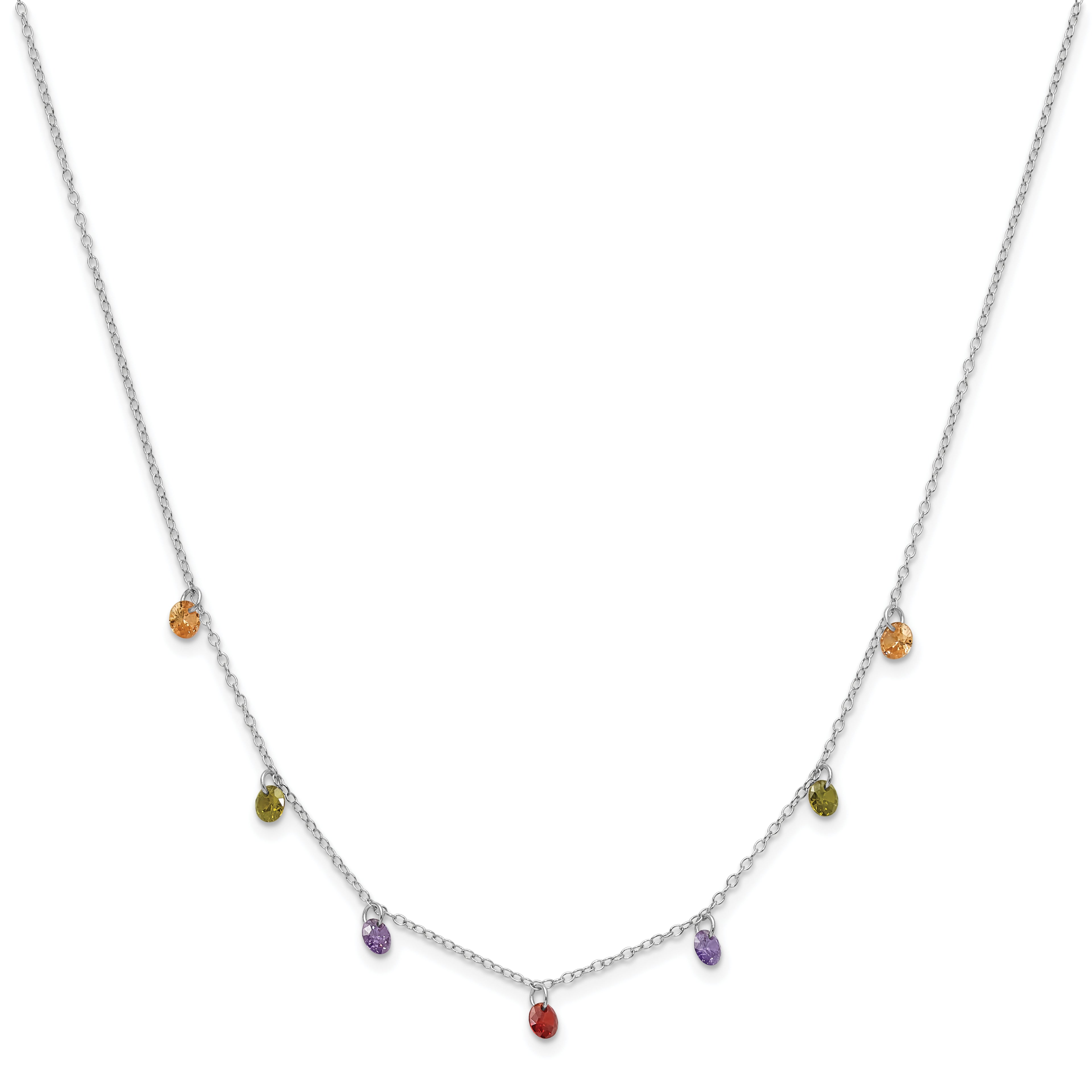 Prizma Sterling Silver Rhodium Plated 16 inch Dangling Colorful CZ Necklace with 2 inch Extender