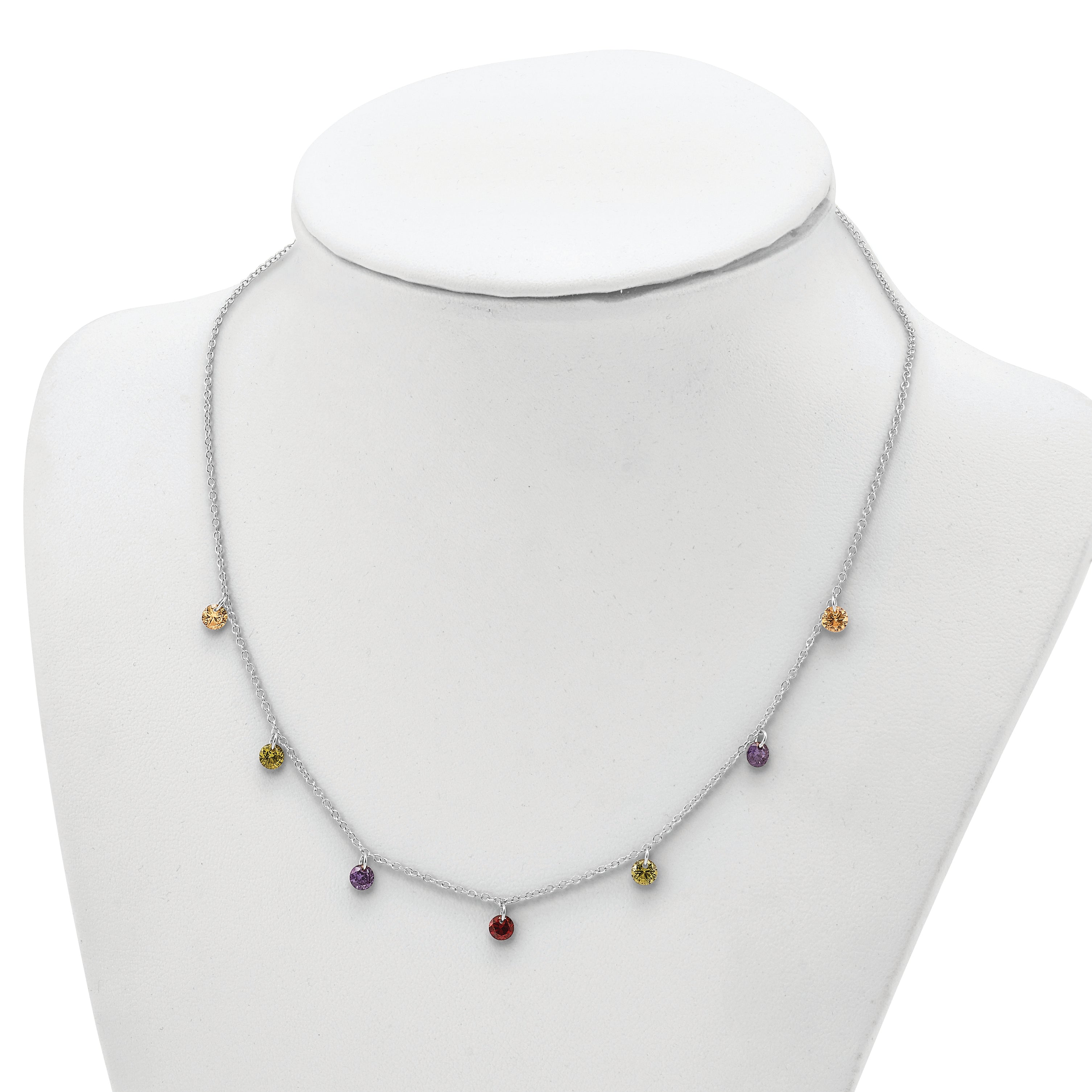 Prizma Sterling Silver Rhodium Plated 16 inch Dangling Colorful CZ Necklace with 2 inch Extender