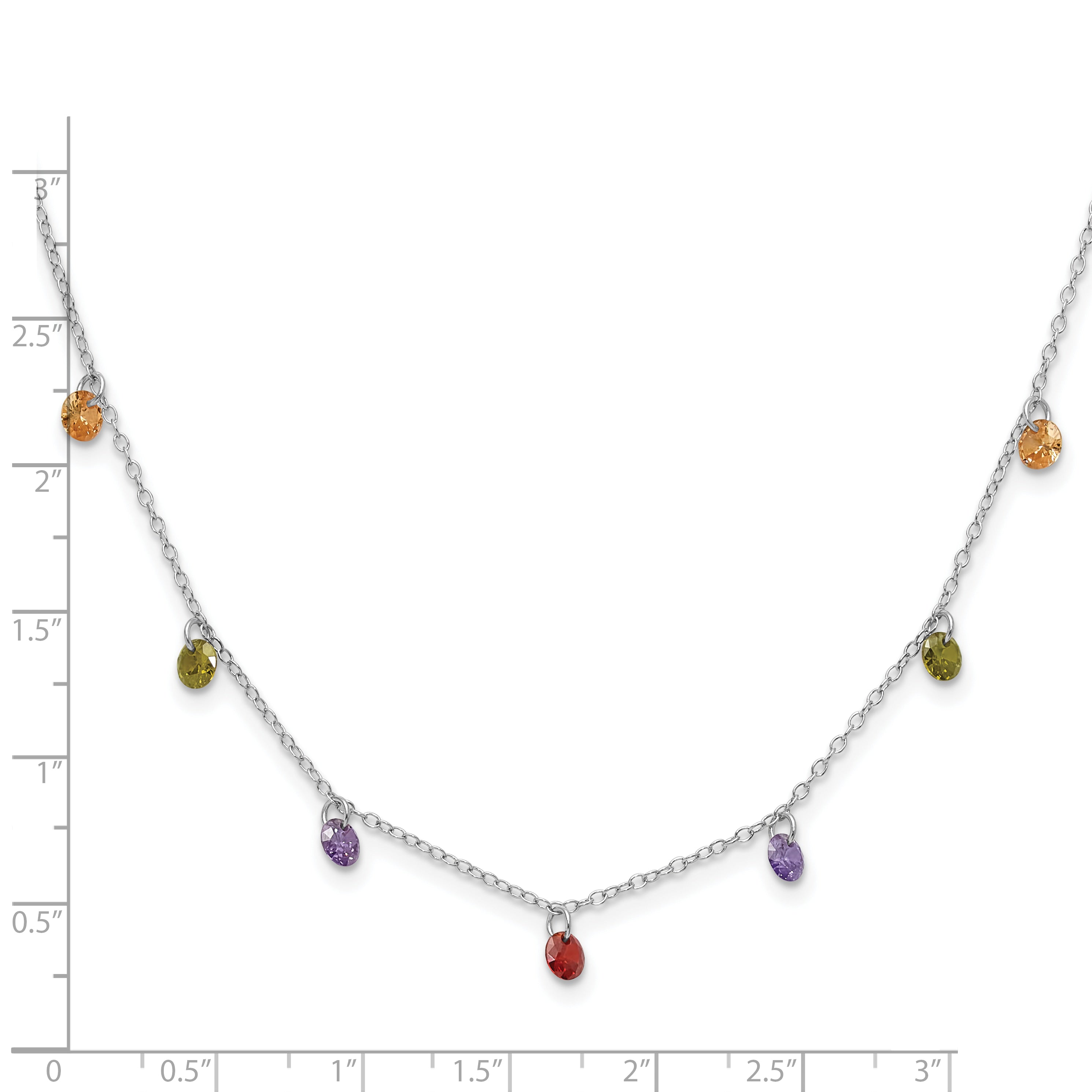 Prizma Sterling Silver Rhodium Plated 16 inch Dangling Colorful CZ Necklace with 2 inch Extender