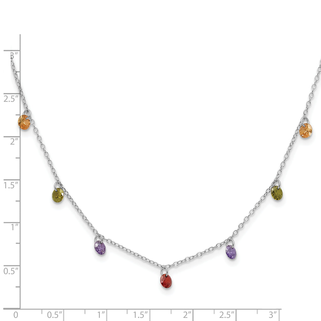 Prizma Sterling Silver Rhodium Plated 16 inch Dangling Colorful CZ Necklace with 2 inch Extender