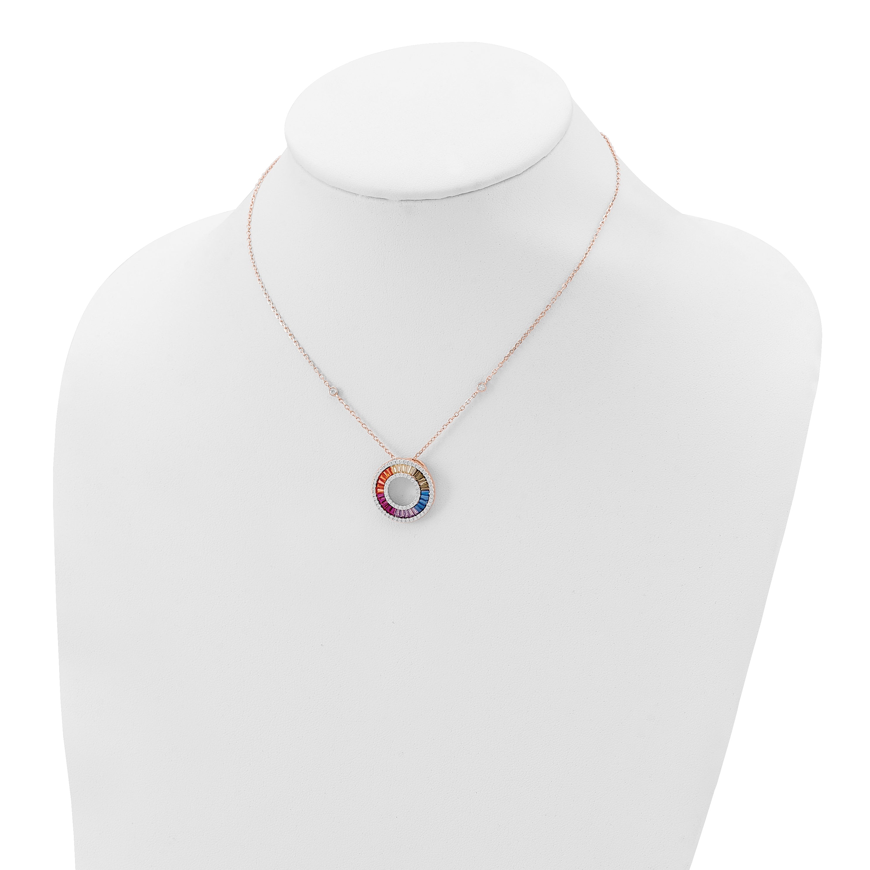 Prizma Sterling Silver Rose-tone 14K Flash Rose Gold-plated 16 inch Colorful Baguettes CZ Circle Necklace with 2 inch Extender