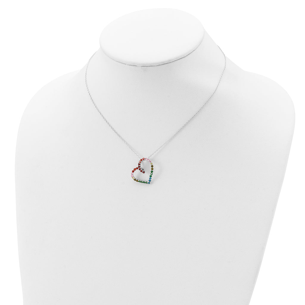 Prizma Sterling Silver Rhodium-plated 18 inch with 1 inch extender Fancy Lobster Clasp Colorful CZ Open Heart Necklace