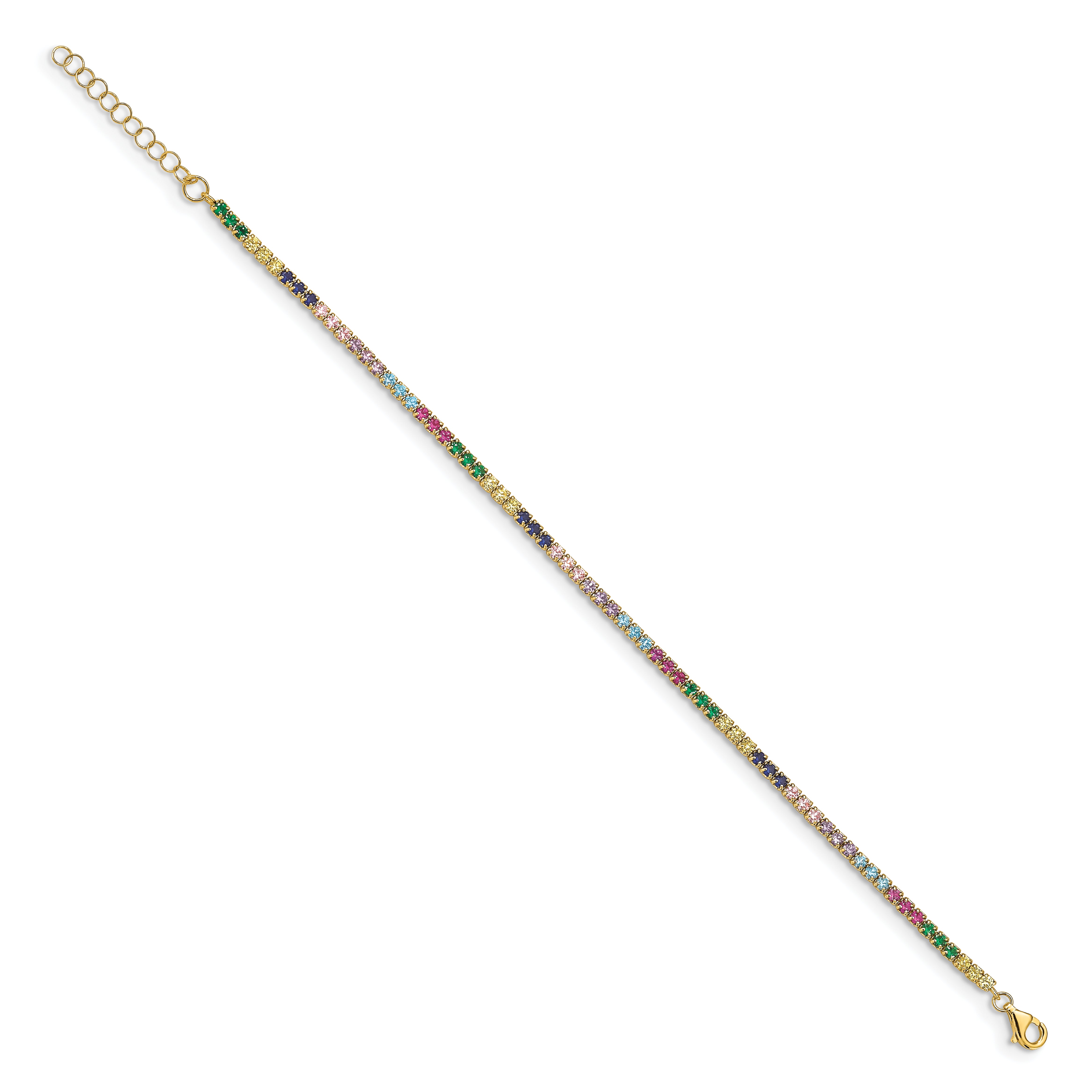 Prizma Sterling Silver Gold-tone 14K Flash Gold-plated 7 inch Colorful CZ Bracelet with 1 inch Extender