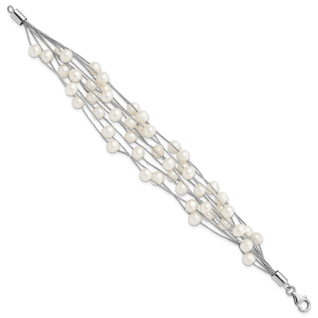 Sterling Silver Rhodium-plated 5-6mm White Semi-Round Freshwater Cultured Pearl Multi Strand 7.25 inch Bracelet
