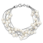 Sterling Silver Rhodium-plated 5-6mm White Semi-Round Freshwater Cultured Pearl Multi Strand 7.25 inch Bracelet