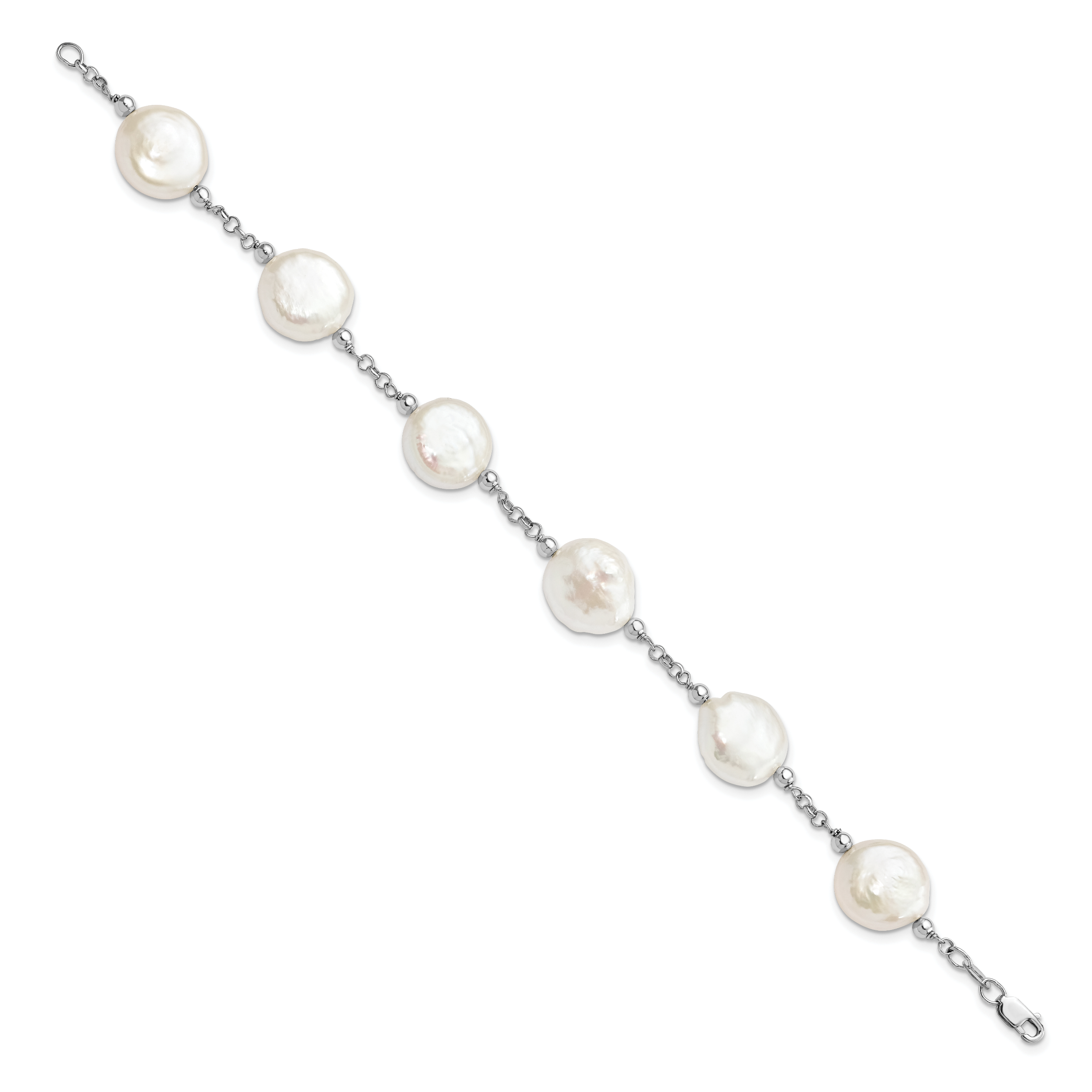 Sterling Silver Rhodium-plated 12-13mm White Coin Freshwater Cultured Pearl 6-Station 7.5 inch Bracelet Secondary image