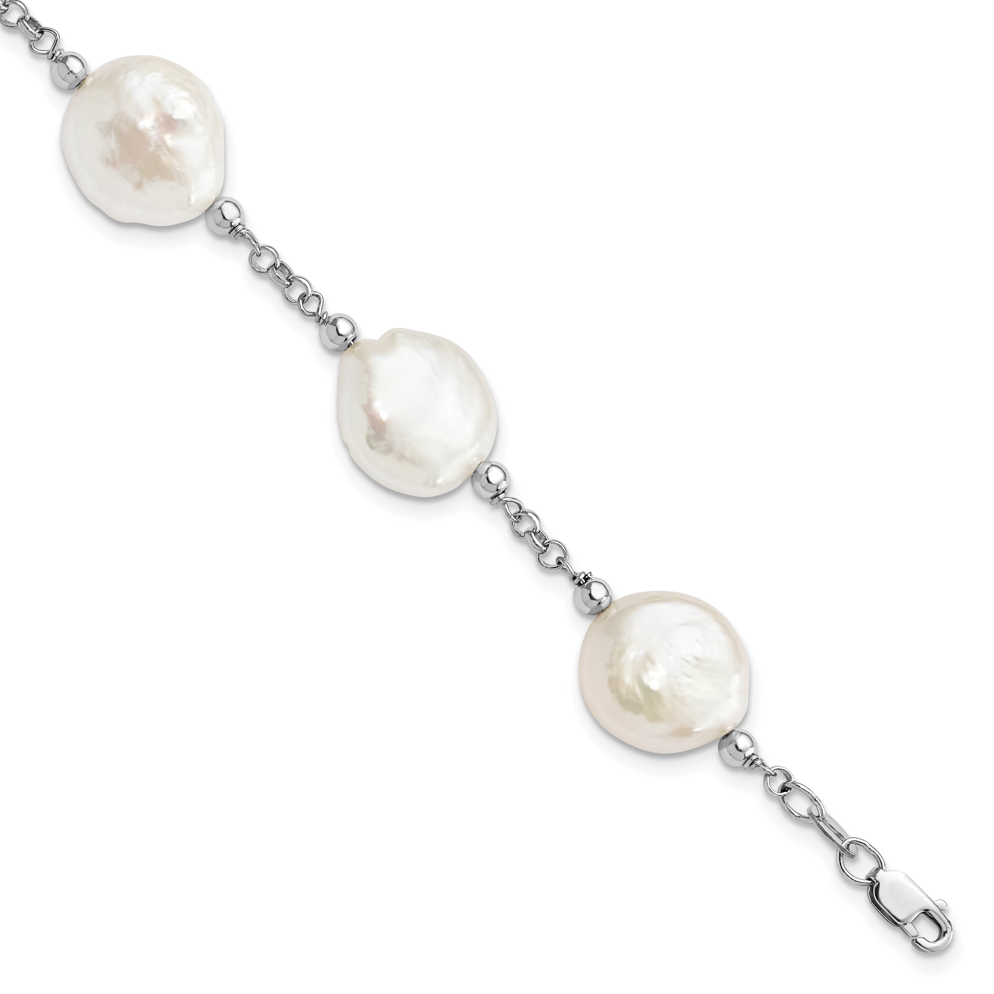 Sterling Silver Rhodium-plated 12-13mm White Coin Freshwater Cultured Pearl 6-Station 7.5 inch Bracelet Main image
