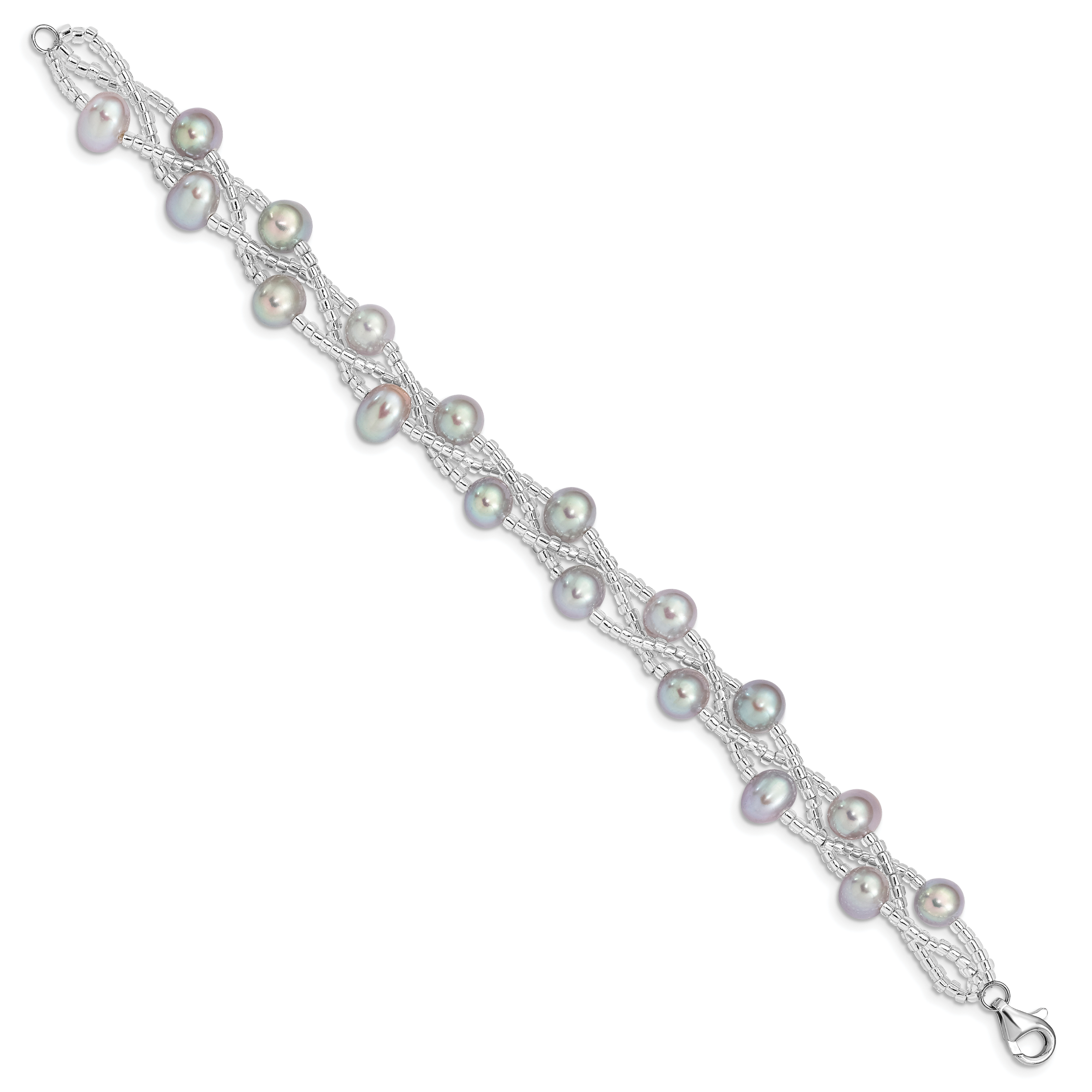 Sterling Silver Rhodium-plated 7-9mm Grey Semi-Round Freshwater Cultured Pearl and Glass Beaded 7.5 inch Bracelet Secondary image