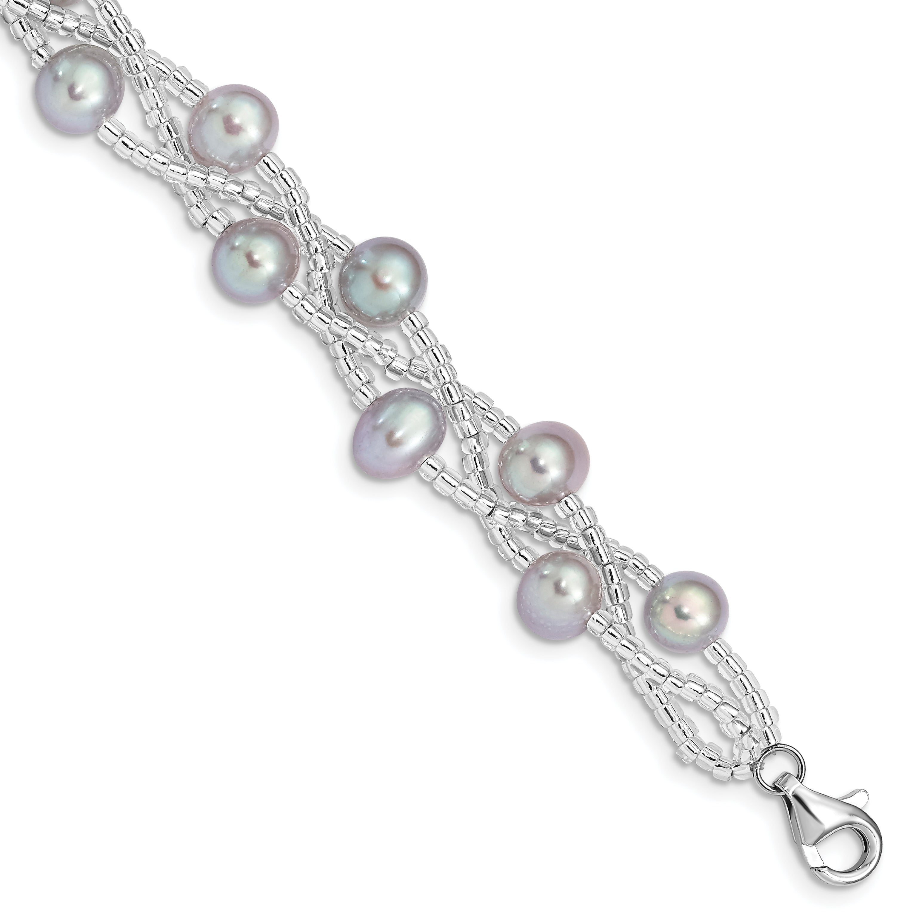 Sterling Silver Rhodium-plated 7-9mm Grey Semi-Round Freshwater Cultured Pearl and Glass Beaded 7.5 inch Bracelet