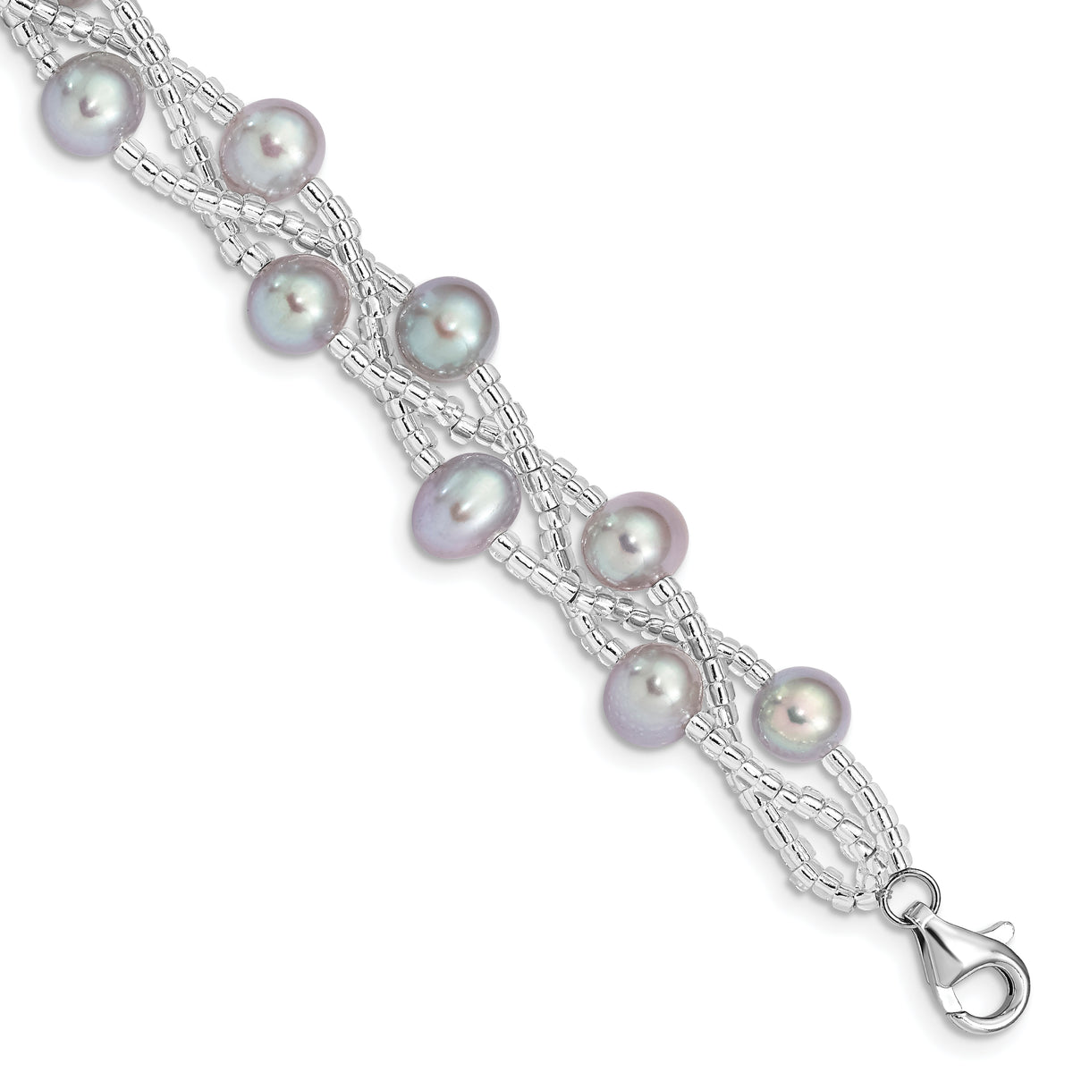 Sterling Silver Rhodium-plated 7-9mm Grey Semi-Round Freshwater Cultured Pearl and Glass Beaded 7.5 inch Bracelet