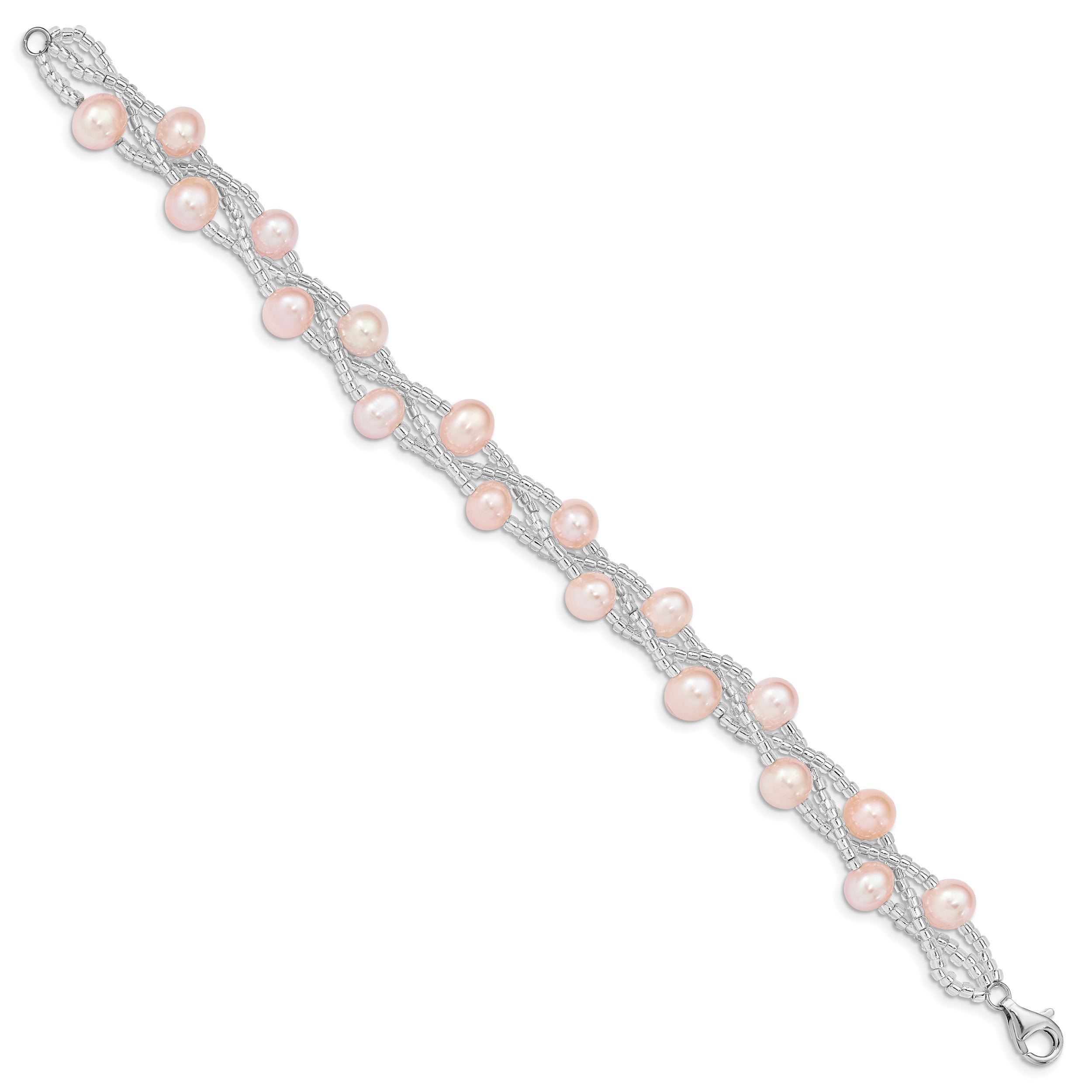 Sterling Silver Rhodium-plated 7-9mm Pink Semi-Round Freshwater Cultured Pearl and Glass Beaded 7.5 inch Bracelet