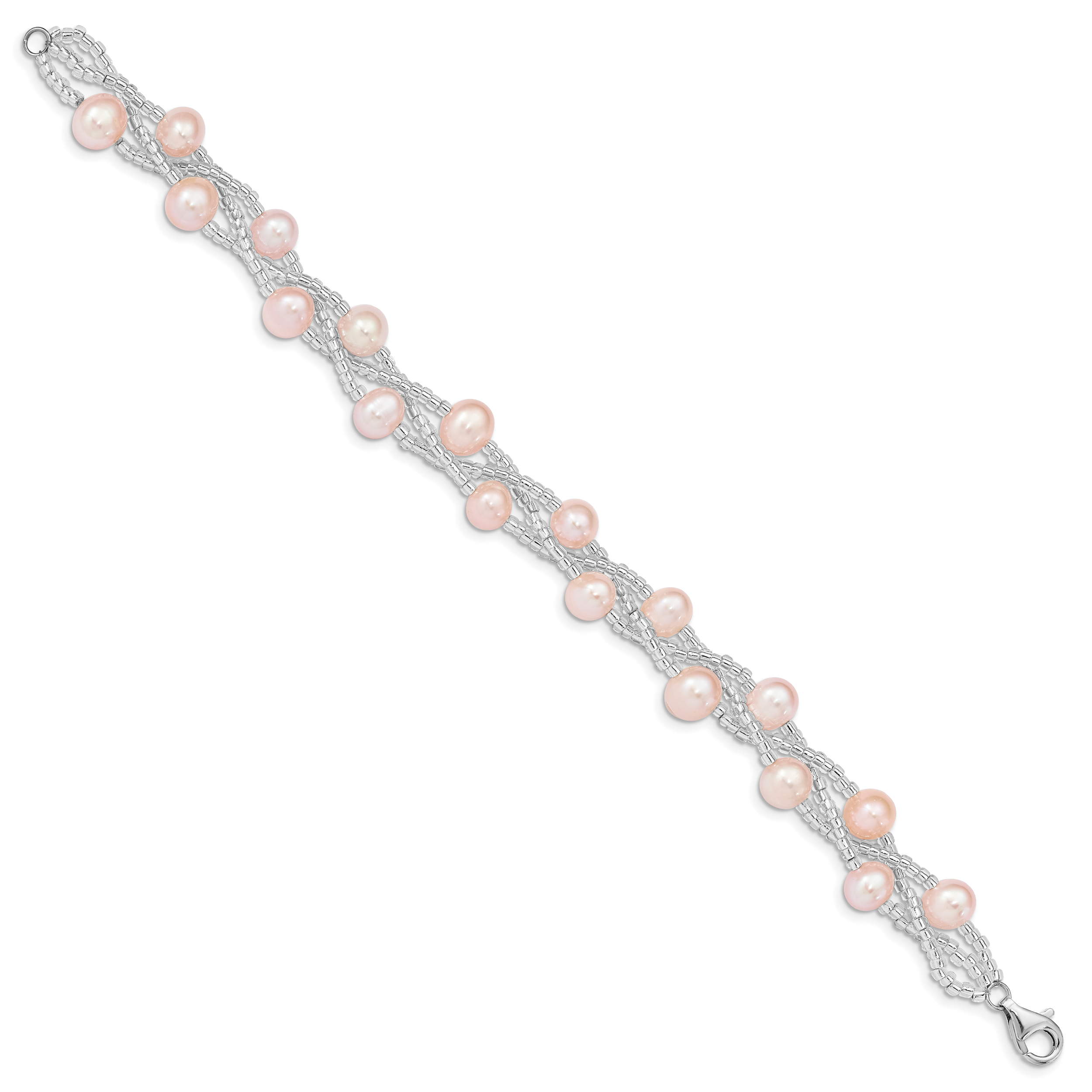 Sterling Silver Rhodium-plated 7-9mm Pink Semi-Round Freshwater Cultured Pearl and Glass Beaded 7.5 inch Bracelet Secondary image