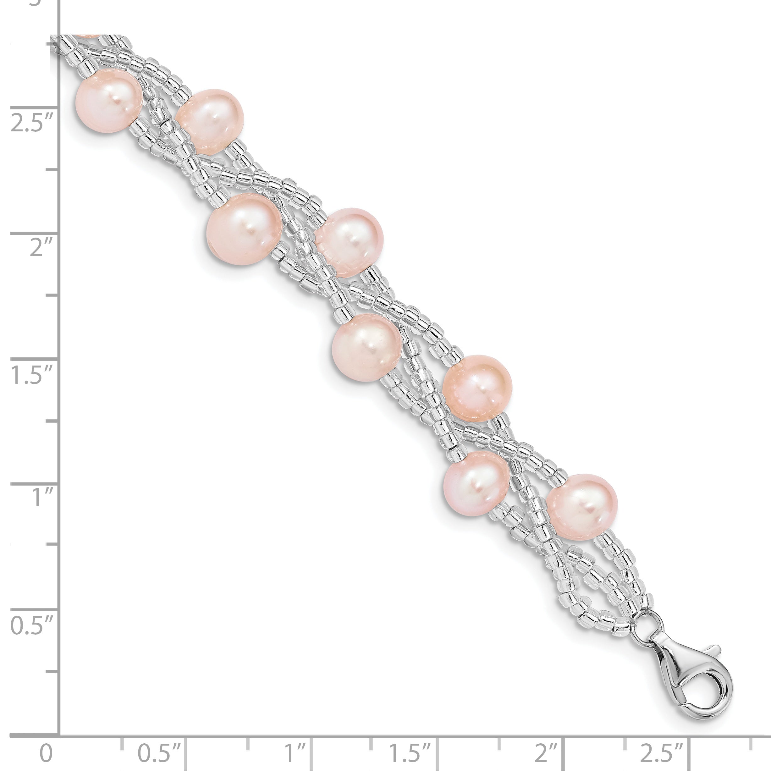 Sterling Silver Rhodium-plated 7-9mm Pink Semi-Round Freshwater Cultured Pearl and Glass Beaded 7.5 inch Bracelet