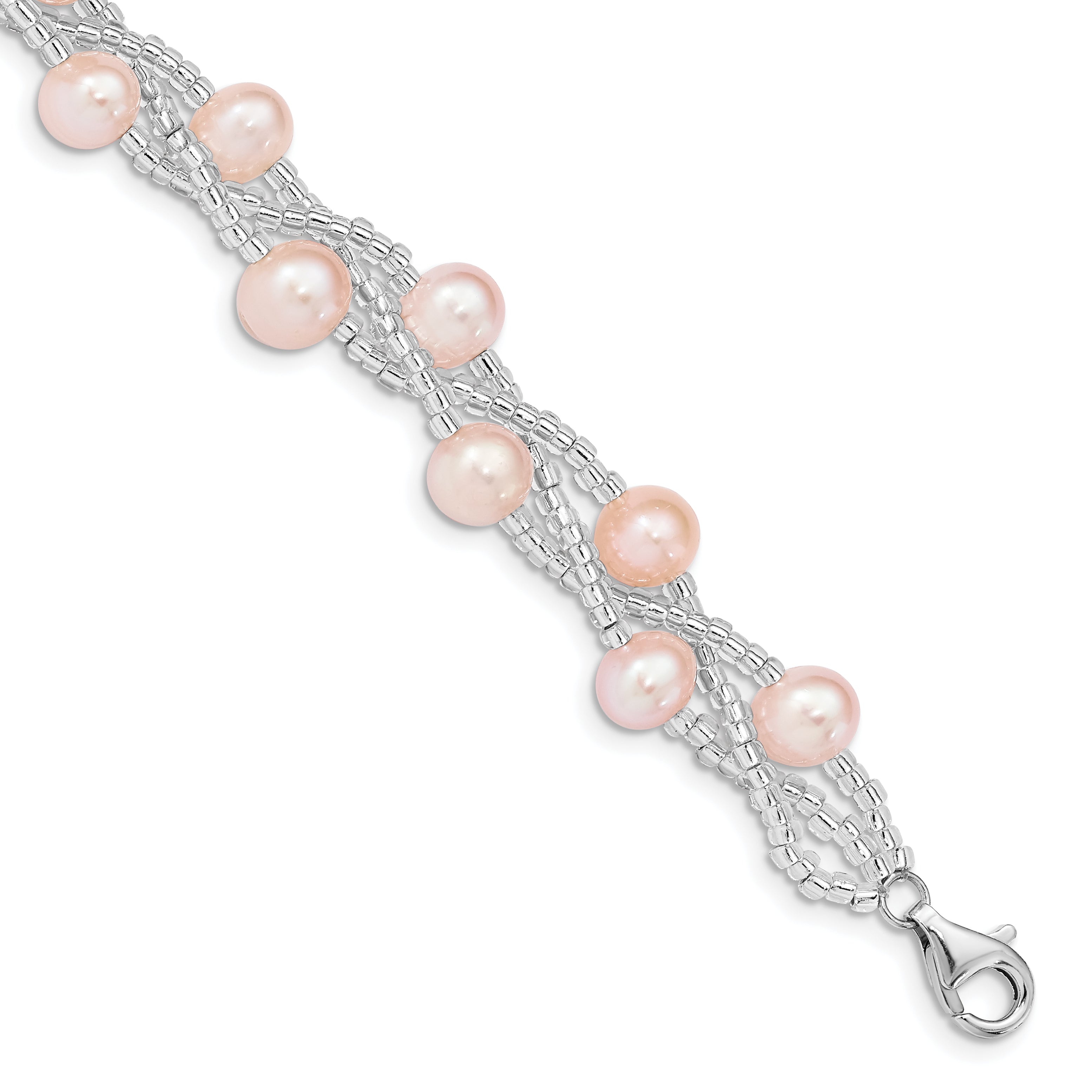Sterling Silver Rhodium-plated 7-9mm Pink Semi-Round Freshwater Cultured Pearl and Glass Beaded 7.5 inch Bracelet Main image