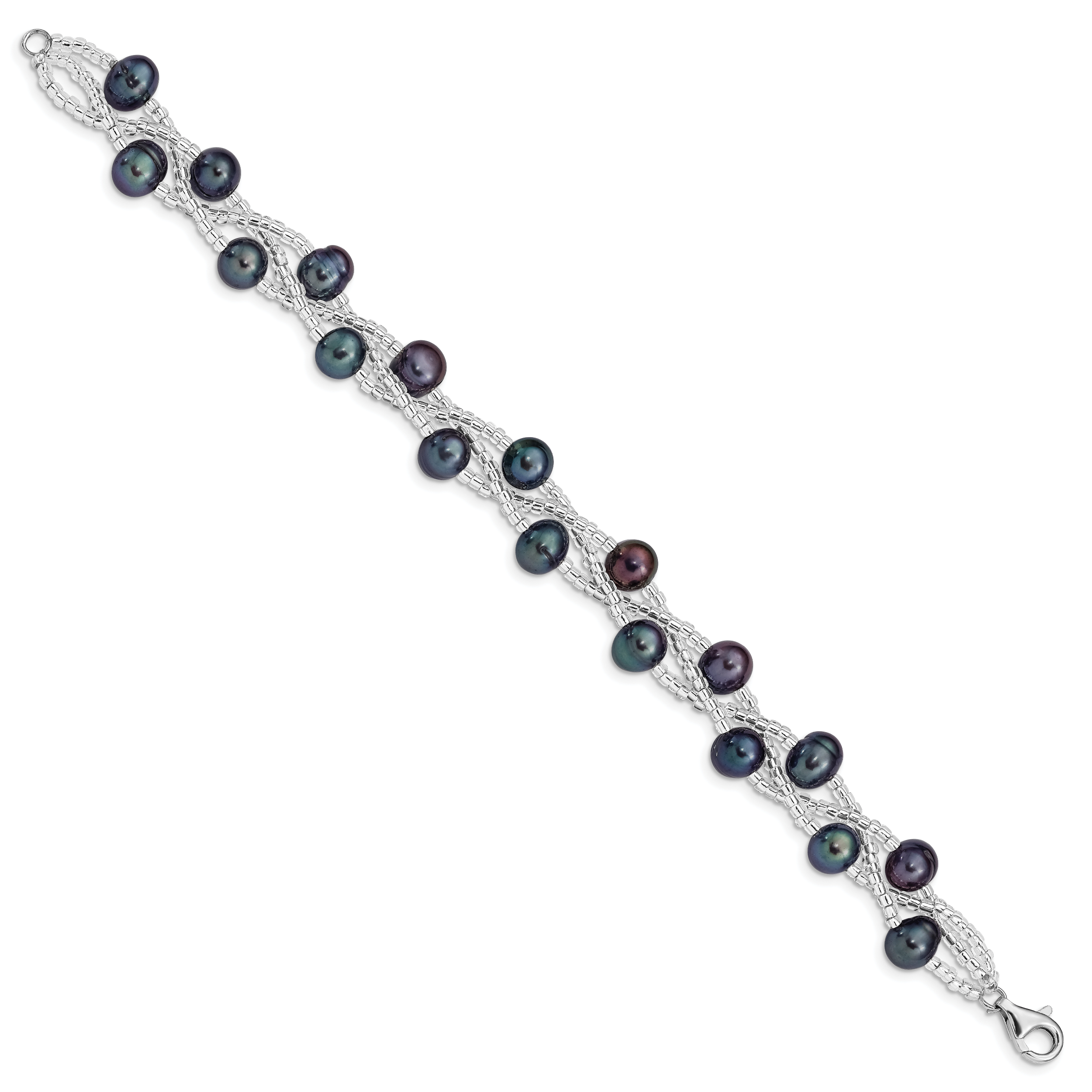 Sterling Silver Rhodium-plated 7-9mm Black Semi-Round Freshwater Cultured Pearl and Glass Beaded 7.5 inch Bracelet Secondary image