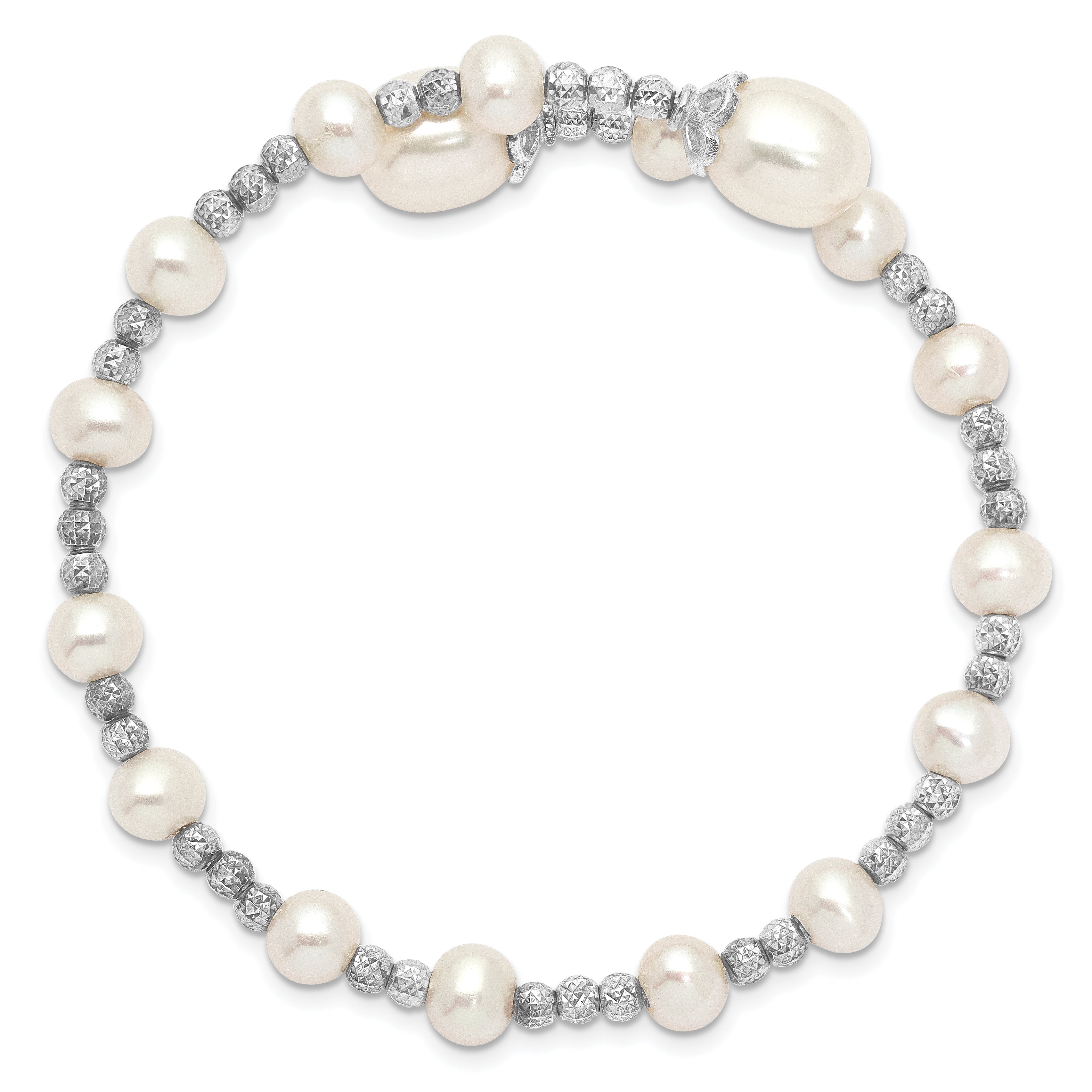 Sterling Silver Rhodium-plated 5-6mm and 8mm White Teardrop and Near-Round White Freshwater Cultured Pearl Wrap Flexible Bangle Secondary image