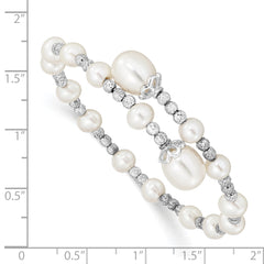 Sterling Silver Rhodium-plated 5-6mm and 8mm White Teardrop and Near-Round White Freshwater Cultured Pearl Wrap Flexible Bangle