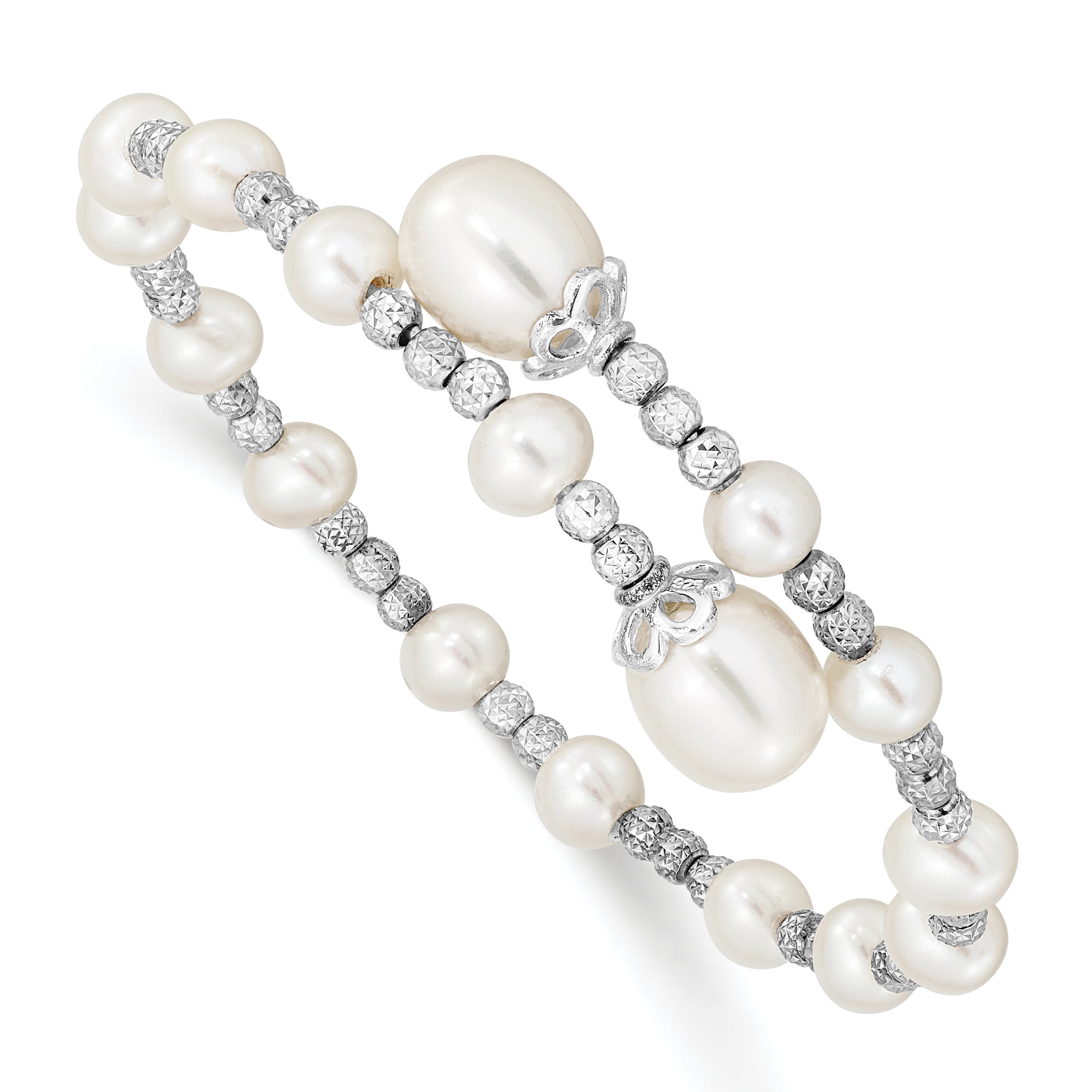 Sterling Silver Rhodium-plated 5-6mm and 8mm White Teardrop and Near-Round White Freshwater Cultured Pearl Wrap Flexible Bangle Main image