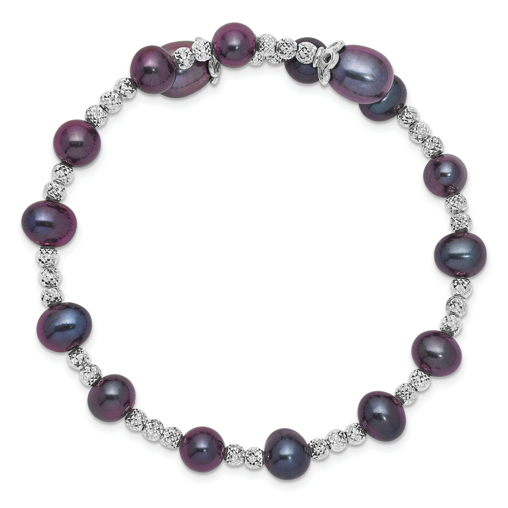Sterling Silver Rhodium-plated 6-7mm and 8mm Black Teardrop and Near-Round Freshwater Cultured Pearl Wrap Flexible Bangle