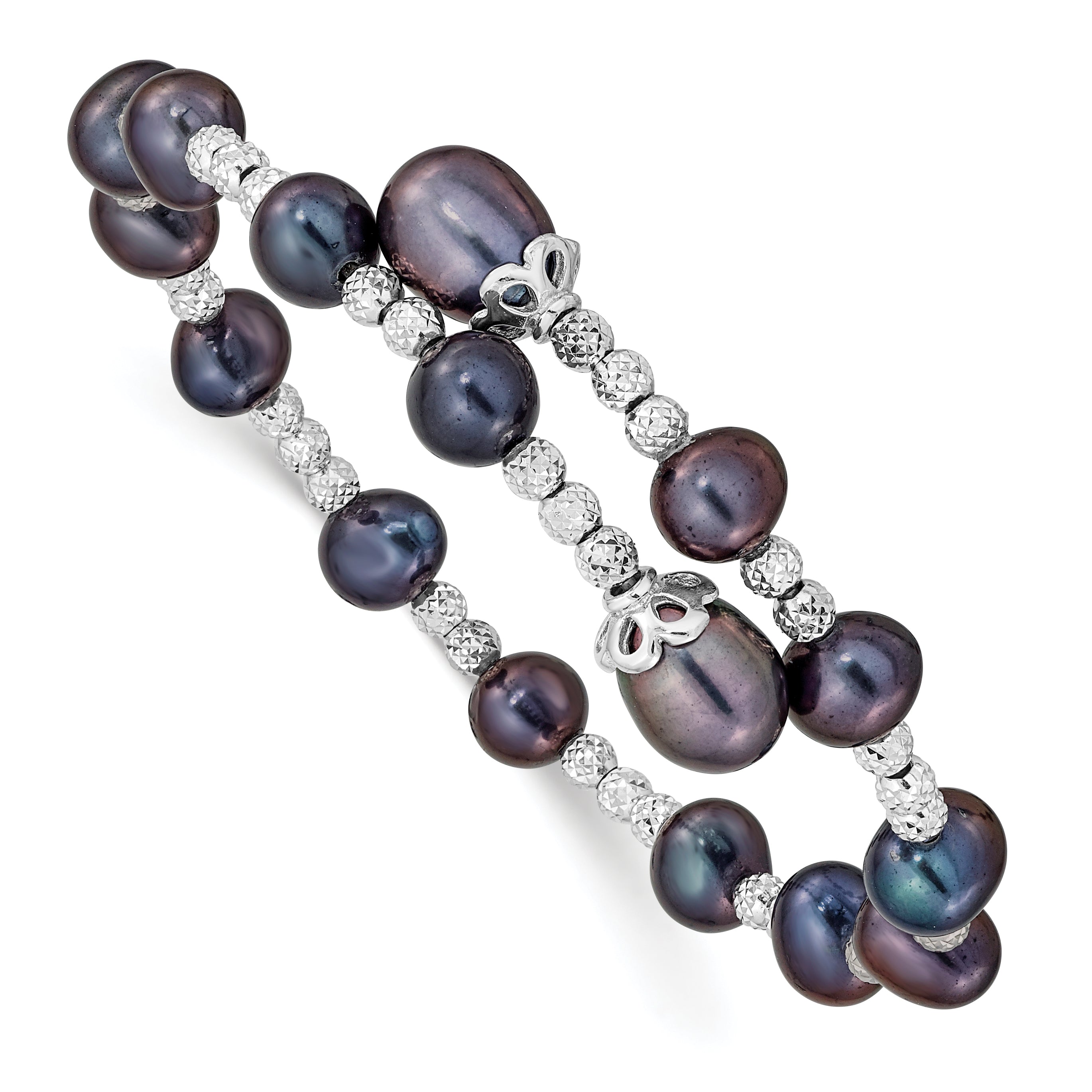 Sterling Silver Rhodium-plated 6-7mm and 8mm Black Teardrop and Near-Round Freshwater Cultured Pearl Wrap Flexible Bangle Main image