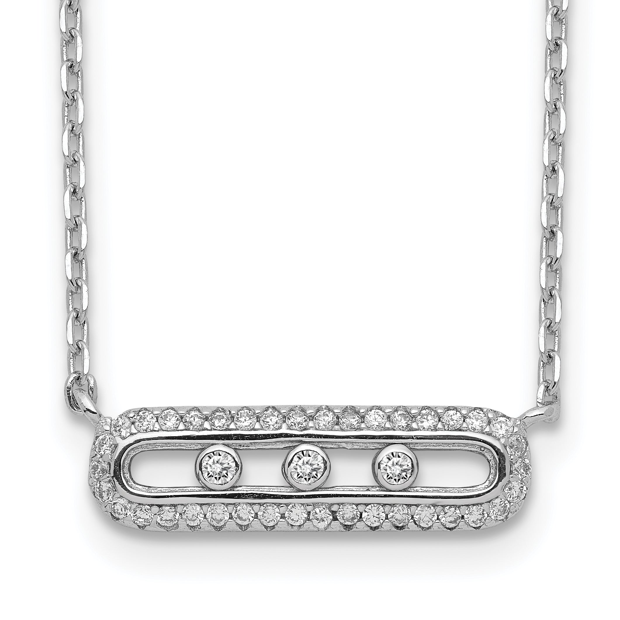 Sterling Silver Rhodium-plated CZ Bar With  2in ext. Necklace