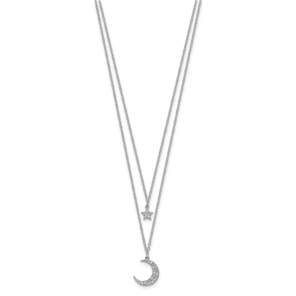 Sterling Silver Rhod-pltd CZ Star and Moon 2in ext 2-strand Necklace