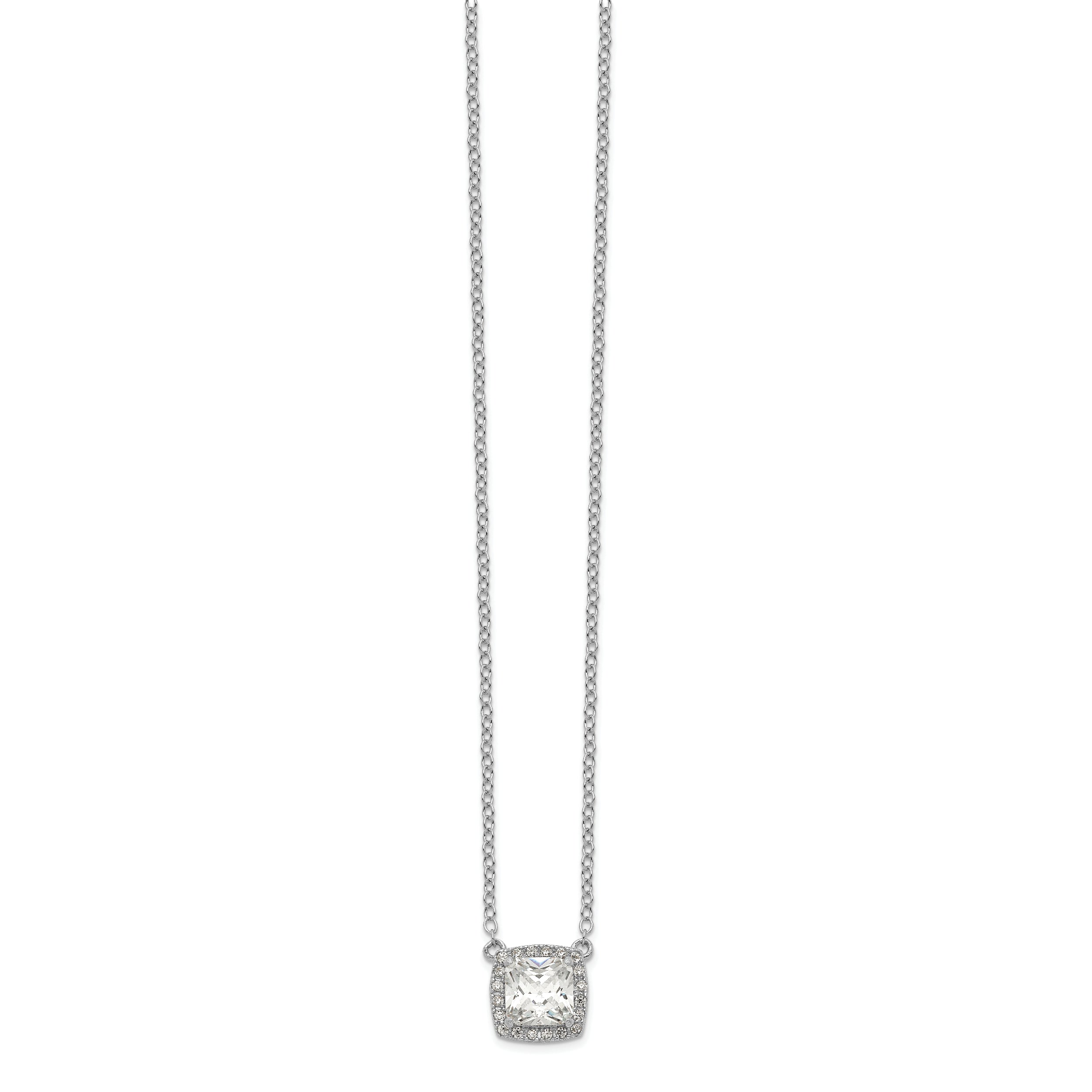 Sterling Silver Rhodium-plated Square CZ Halo With 1in ext Necklace