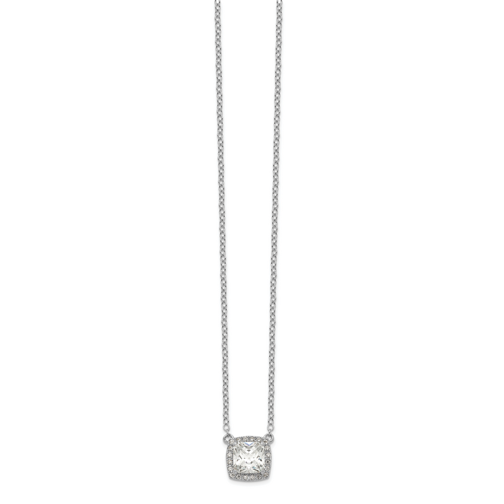 Sterling Silver Rhodium-plated Square CZ Halo With 1in ext Necklace