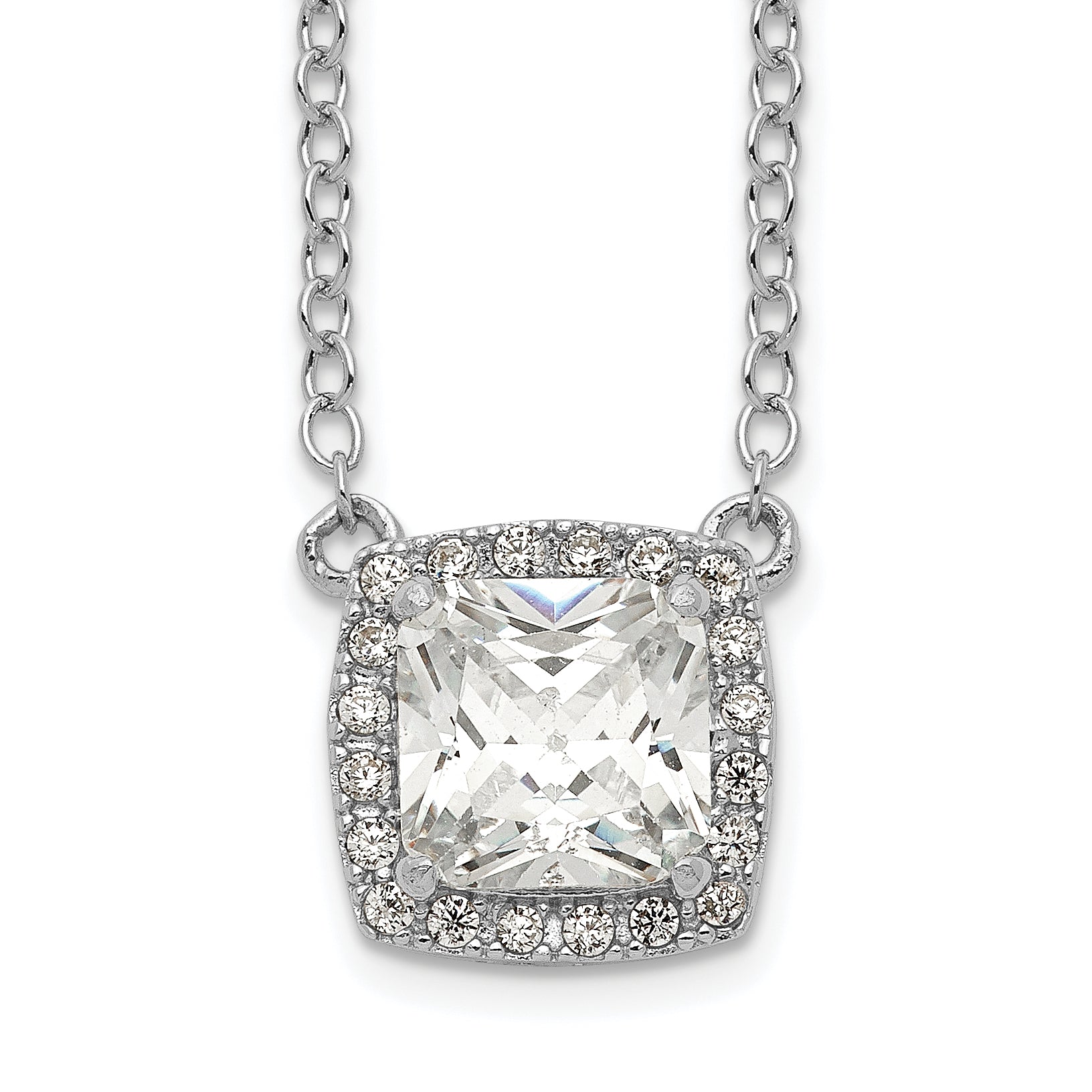 Sterling Silver Rhodium-plated Square CZ Halo With 1in ext Necklace